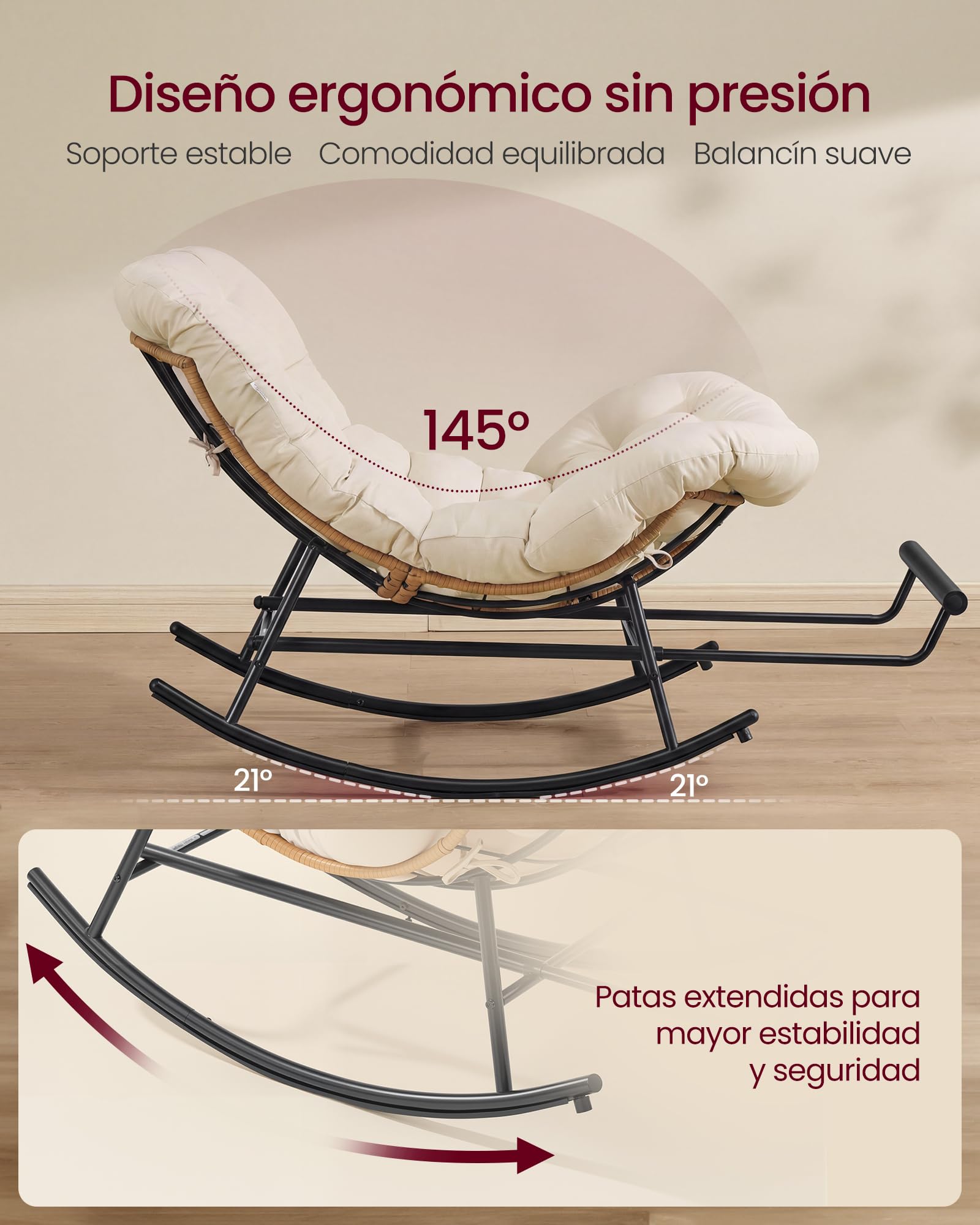 VASAGLE Silla Mecedora, Mecedora con Marco de Acero, Reposapiés Extraíble, Cojín Extraíble, Carga de 136 kg, Dormitorio, Sala de Estar, Terraza, Jardín, Beige LYY062WZ01
