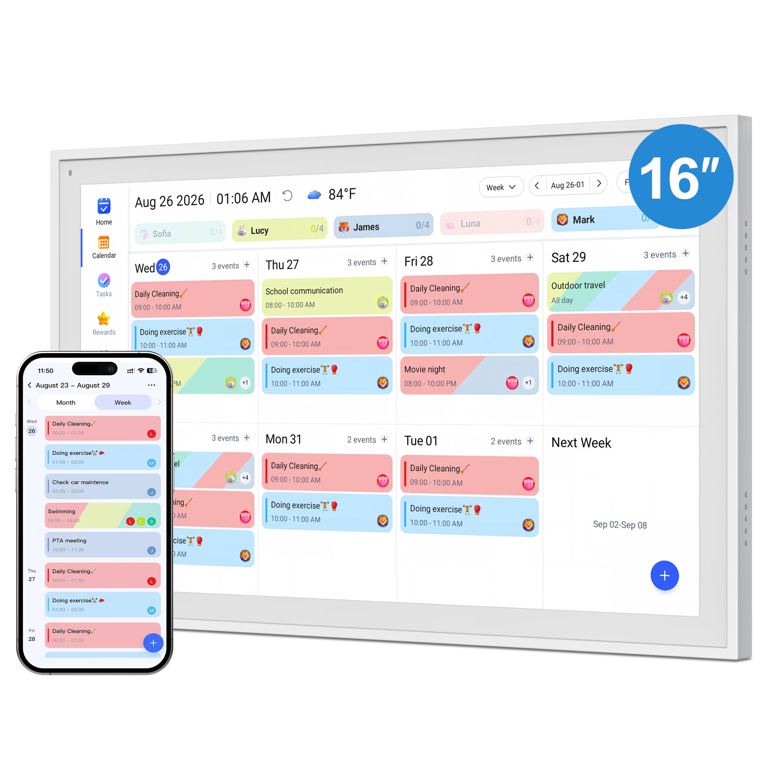 16" Digital Calendar, Smart Touchscreen Chore Chart &amp; Planner, White