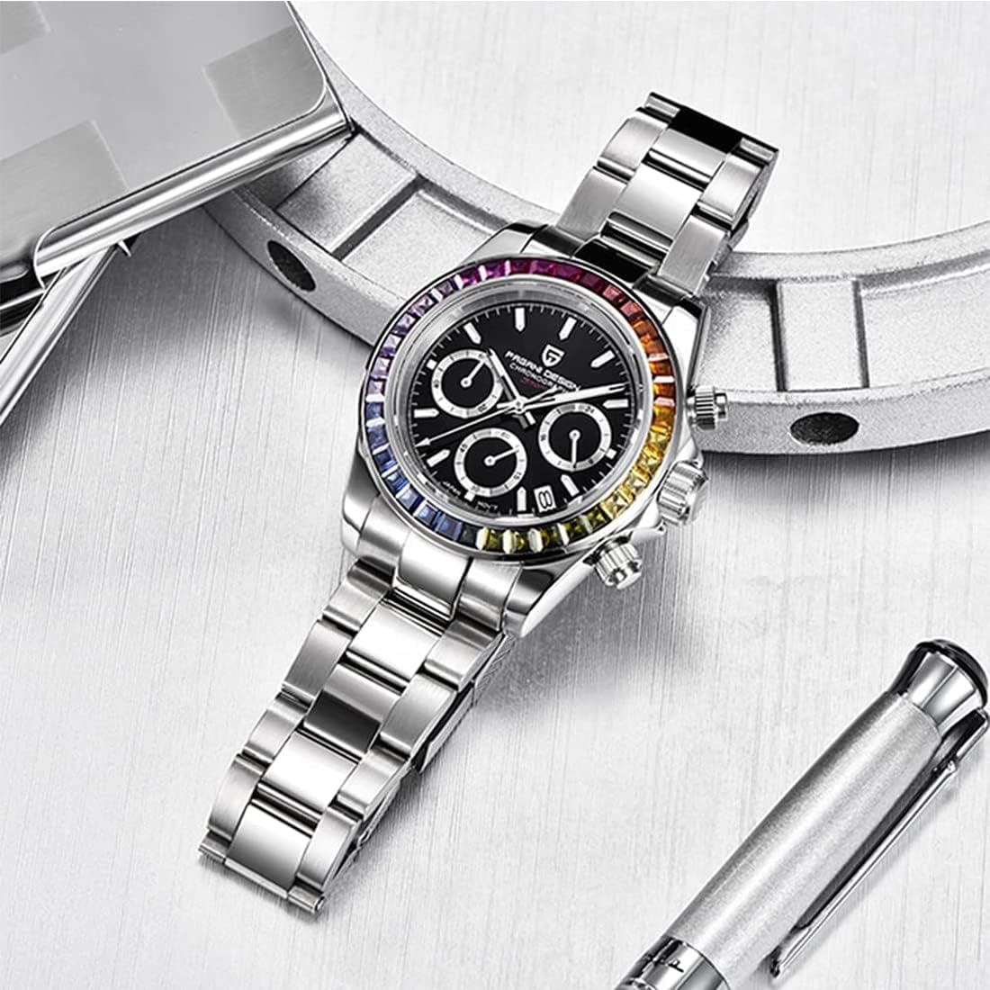 RollsTimi Pagani DesignOrologio da uomo Orologio sportivo da uomo multifunzionale Cronografo al quarzo Movimento Japan VK63 Cinturino in acciaio inossidabile Resistente allacqua 100M RollsTimi Pagani DesignOrologio da uomo Orologio sportivo da uomo multifunzionale Cronografo al quarzo Movimento Japan VK63 Cinturino in acciaio inossidabile Resistente allacqua 100M