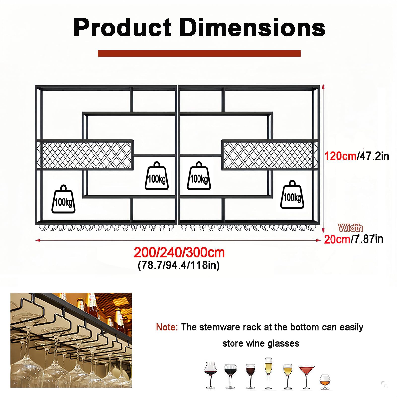 AUSKLEZU Estante de Pared para Vino con Rejilla y Luz LED | Botellero Industrial de Metal | 4Niveles con Soporte para Copas | Decorativo para Bar y Cocina (240CM) — view 2