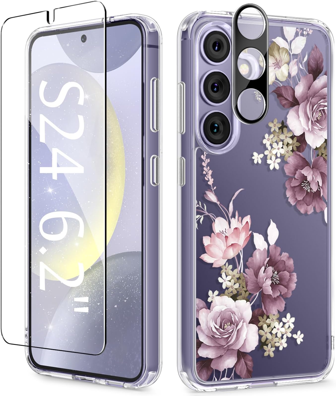 Compatible with Samsung S24 Case Galaxy 6.2" 2024, with Screen Protector & Camera Lens Protector, Non-yellow Flower Clear Hard PC+Soft TPU Shockproof Protective Cover, Cherry Blossoms/Purple