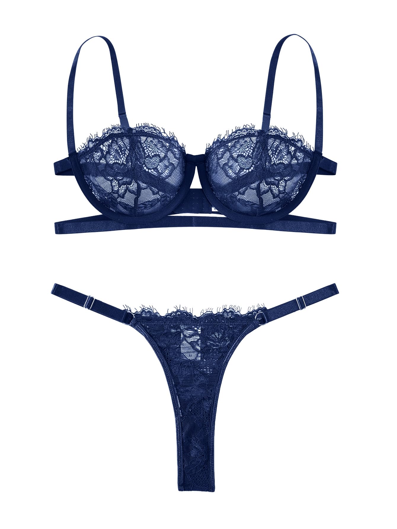 Lilosy Women Sexy Strappy Push Up Garter Belt Lingerie Set Floral Lace Sheer 3 Piece, Cutout Eyelash Navy Blue, M