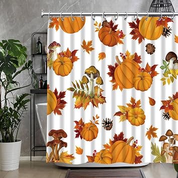 QZJDX Fall Shower Curtain for Bathroom Orange Pumpkin Autumn Leaves Mushroom Happy Thanksgiving Country Harvest Festive Decor Polyester Fabric Bath Curtains 60"x70"