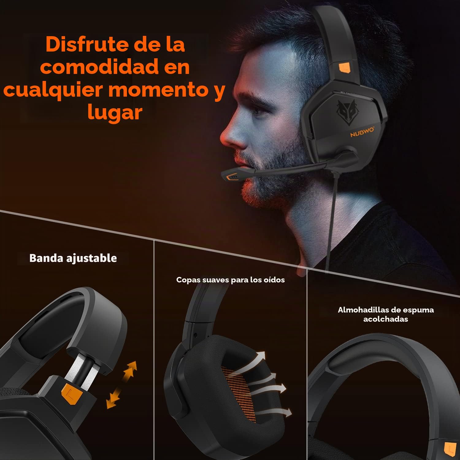 NUBWO N16 Auriculares con Cable - Micrófono con Cancelación de Ruido, Sonido Estéreo y Diseño Cómodo para PS5, PS4, XboxOne, NS, PC, Computadora Portátil y Mac - Naranja