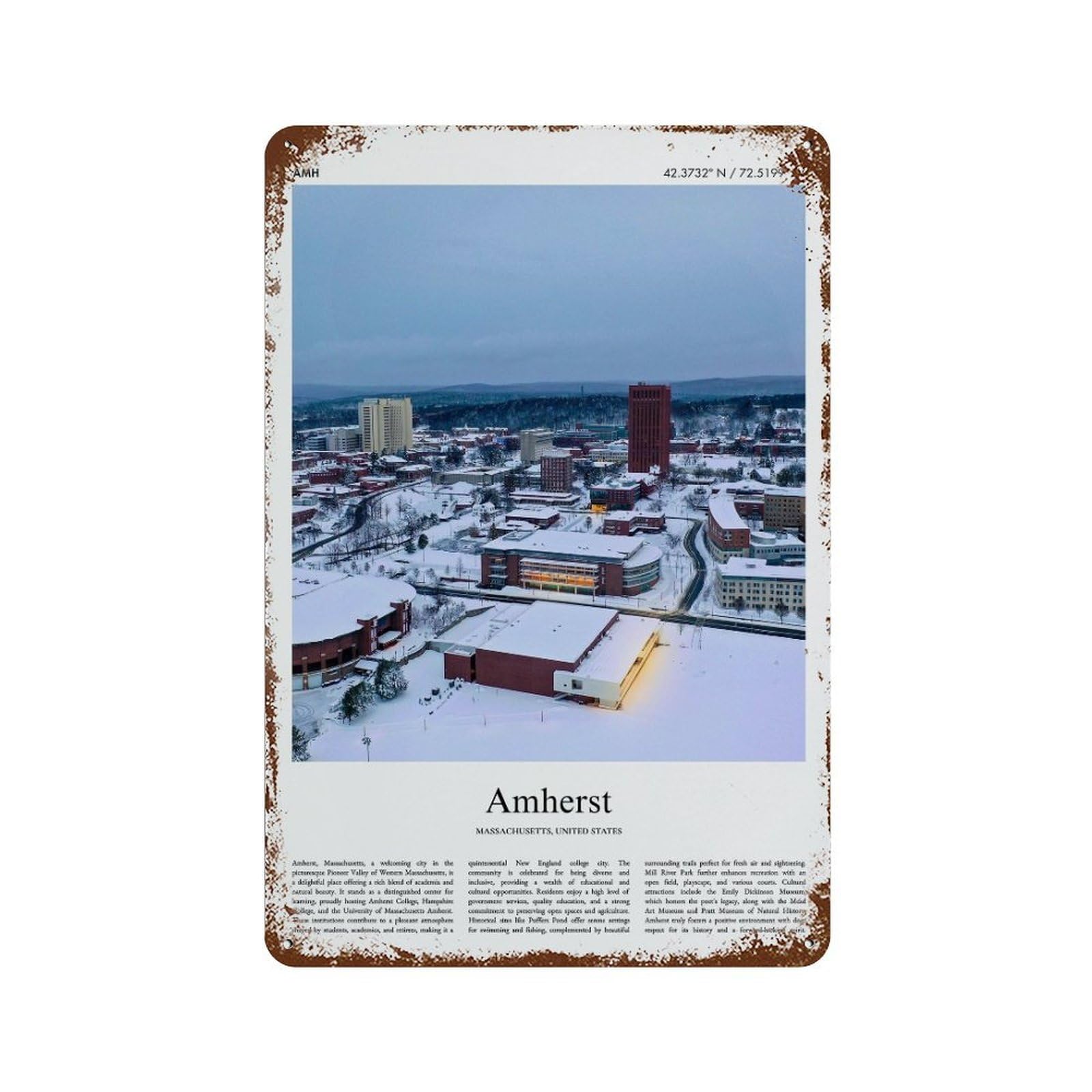 xiaoxiaoshen Amherst Massachusetts, United States, USA City Scenery Wall Decor Art Metal Tin Poster Modern Home Decor Art Home Bar Shop Decorations Vintage Sign 30x20cm