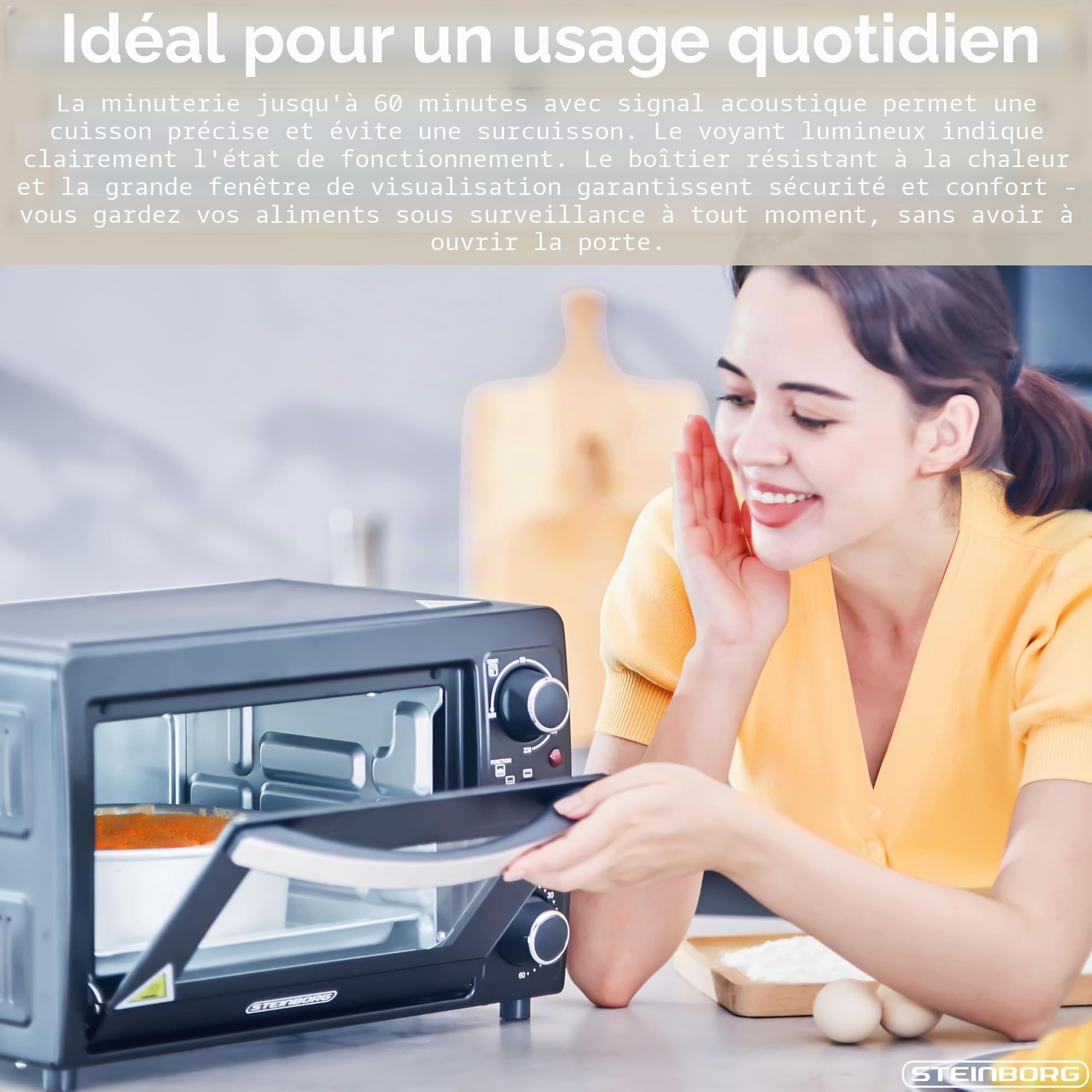 STEInBORG Mini four à pizza, 15 l, 3 en 1, mini four, plaque ramasse-miettes, chaleur de voûte et de sole, économe en énergie, minuterie 60 min