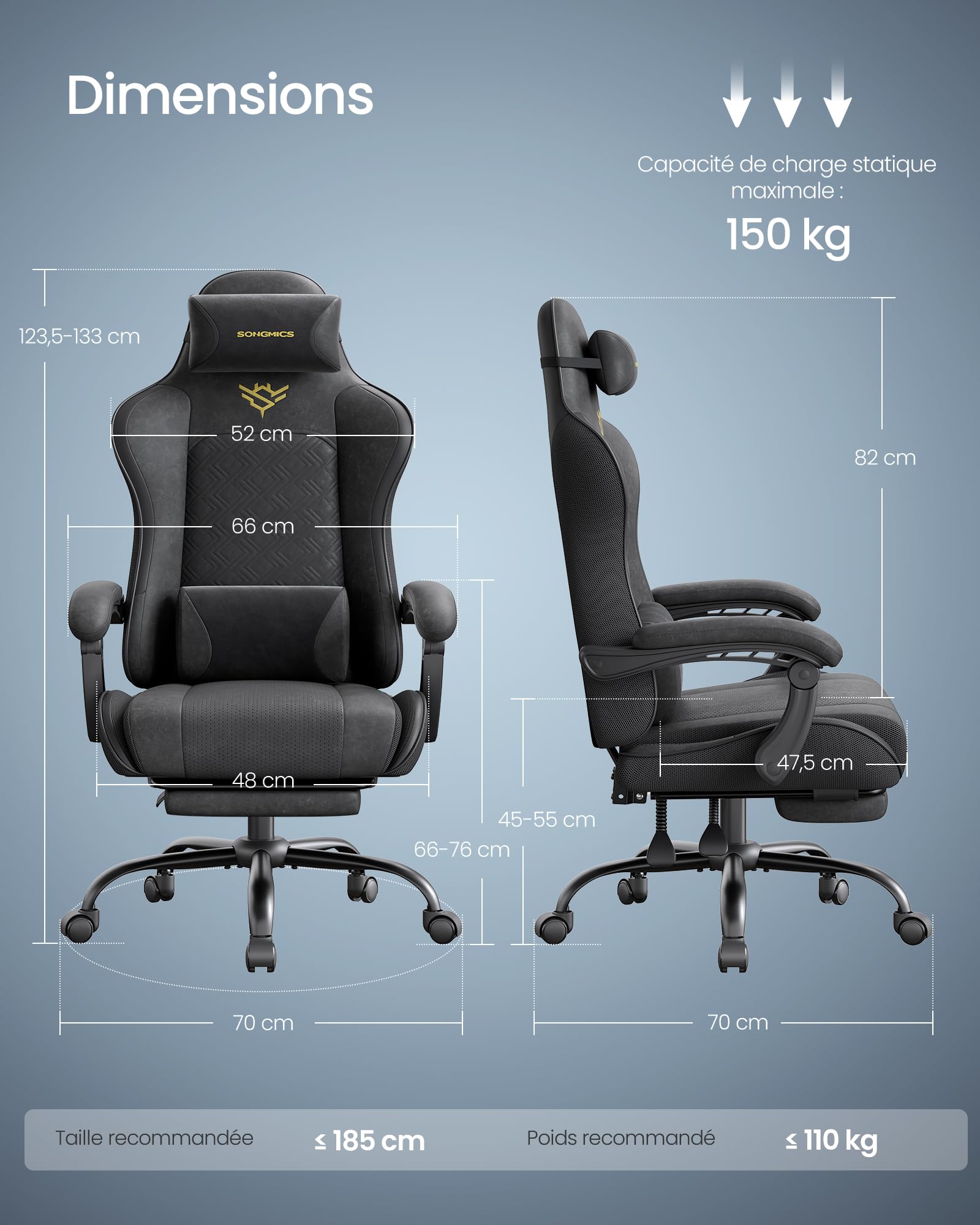 SONGMICS Chaise Gaming, Chaise de Bureau, Ergonomique, Fauteuil Gaming, Coussin d’Assise à Ressorts, Repose-Pieds, Accoudoirs avec Mécanisme Synchrone, Noir d'encre OBG079B01