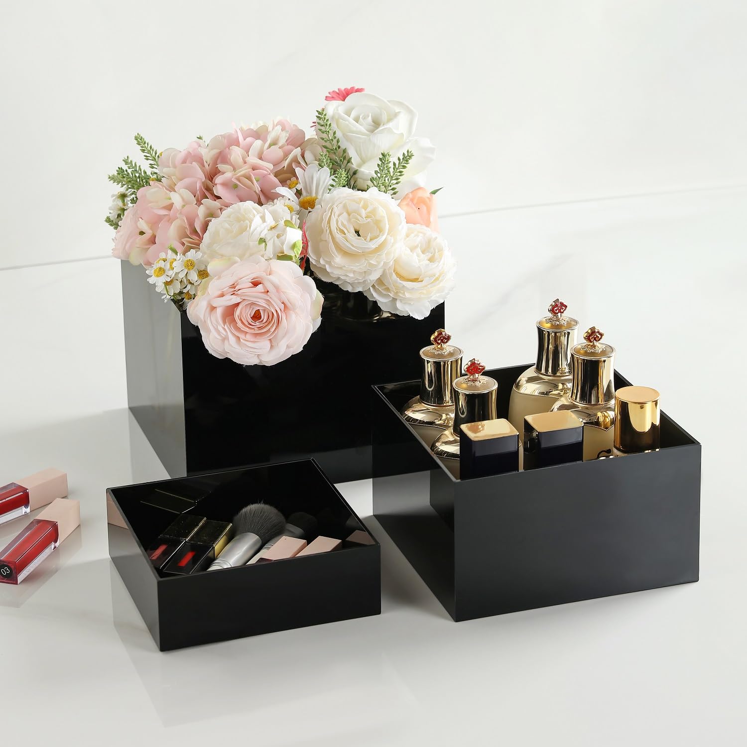 KEVJES Glossy Black Acrylic Cube Catering Buffet Riser,Nesting Display Stand Risers for food,Displays Shelf for party,dessert table,retail counter,Exhibition,Photography Setup-3Pcs/Set