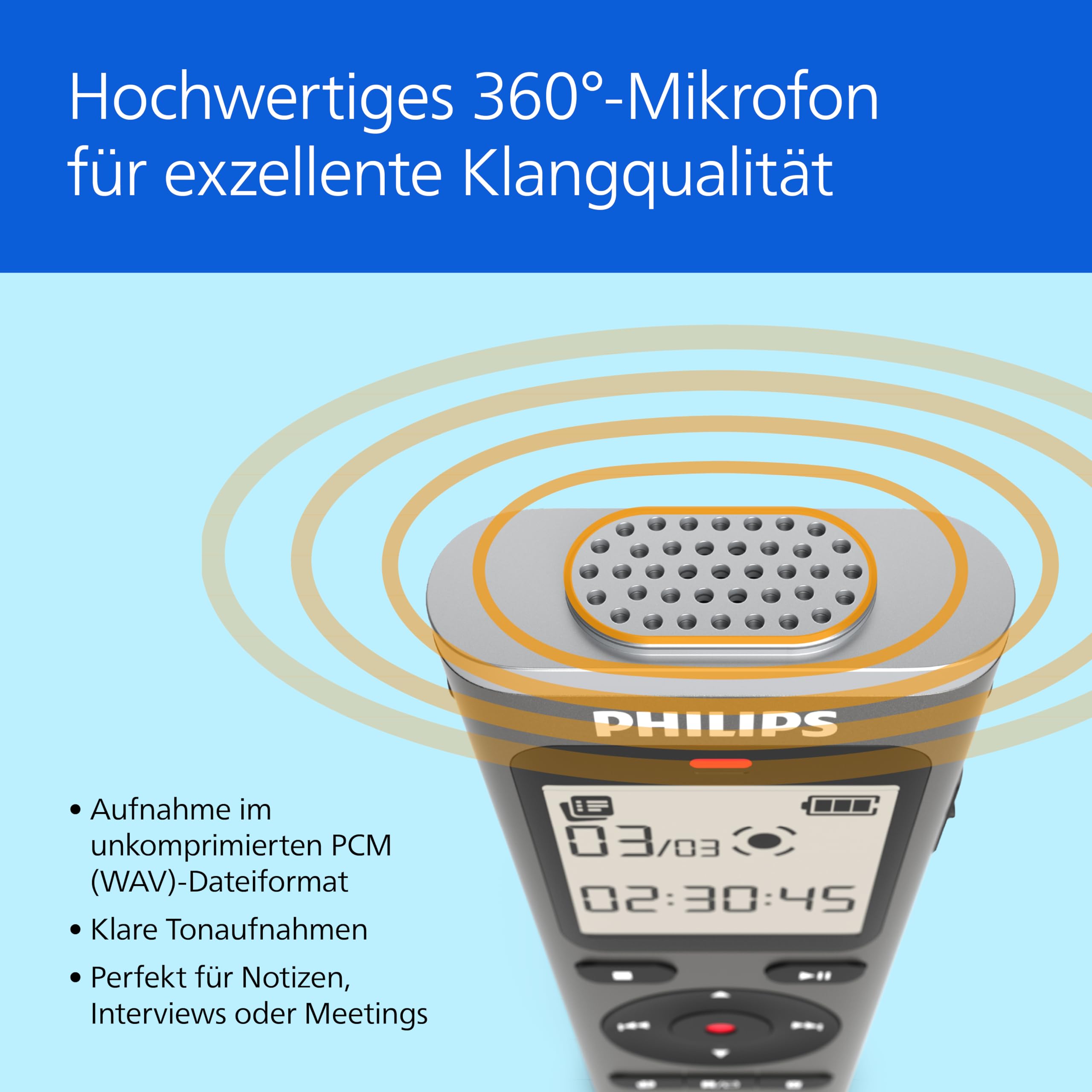 Philips DVT1170 VoiceTracer, Diktiergerät, Aufnahmegerät, 8GB, MicroSD-Steckplatz, 360°-Mikrofon