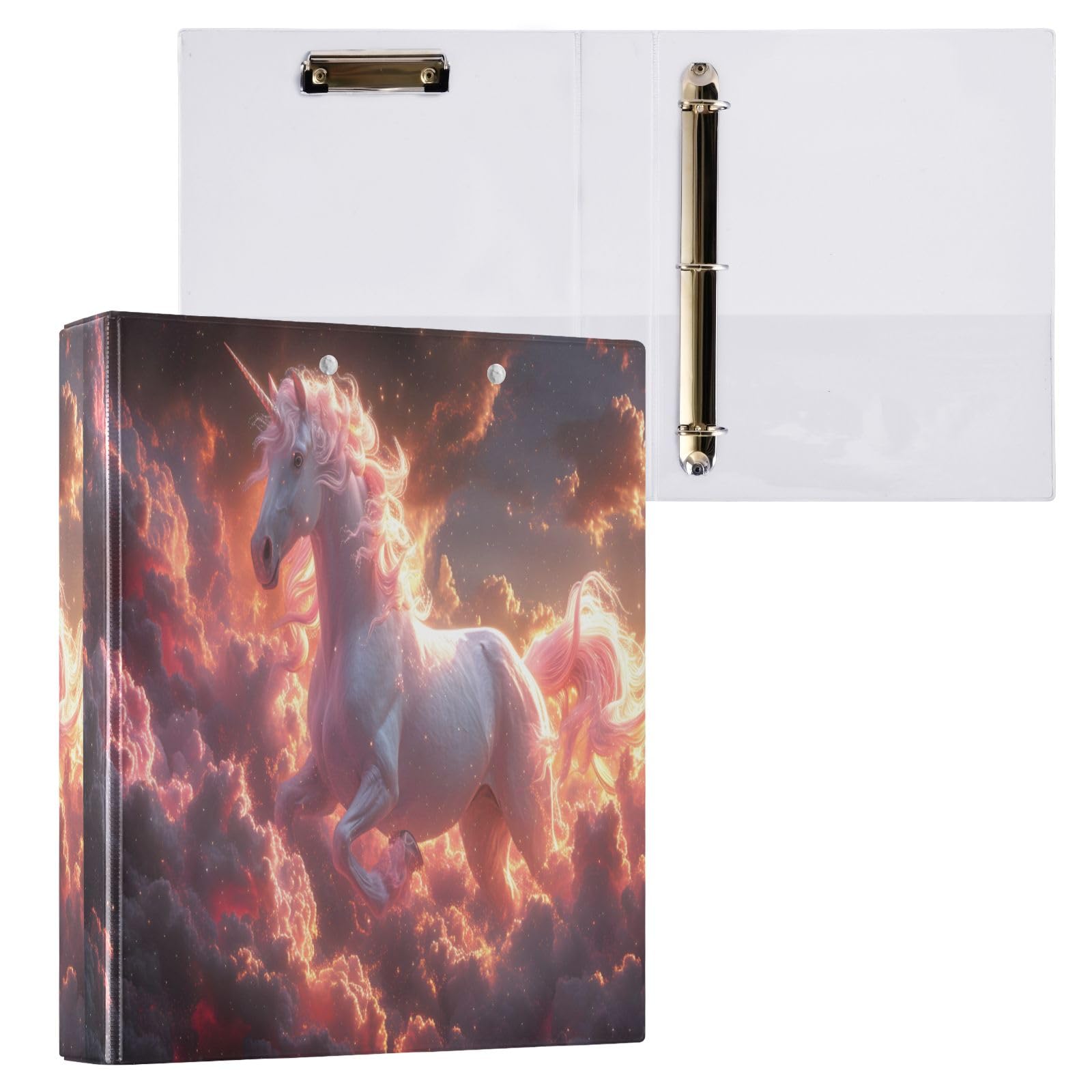 Classeur à 3 anneaux - Licorne sautée - Jardin mystérieux - Clair de lune - 3,8 cm - Anneaux ronds - Peut contenir 200 feuilles intérieures - Porte-bloc transparent pour O