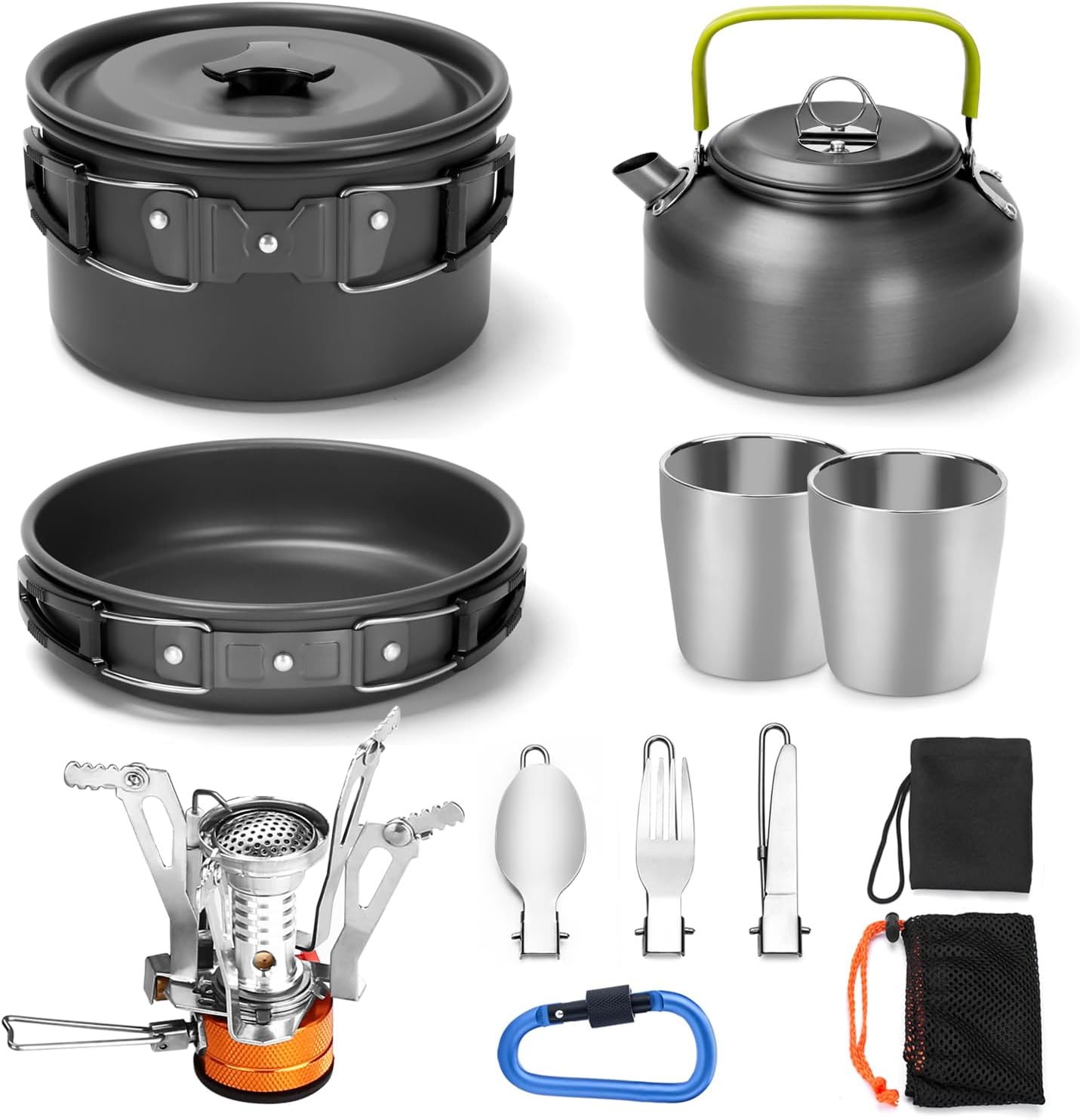 Odoland Camping Cooker Pan Set Aluminum Camping Cookware Kit for 2 People, Portable Outdoor Pot Pan Stove Kettle 2 Cups and Tableware – Backpacking Cookware for Picnic Trekking and Hiking