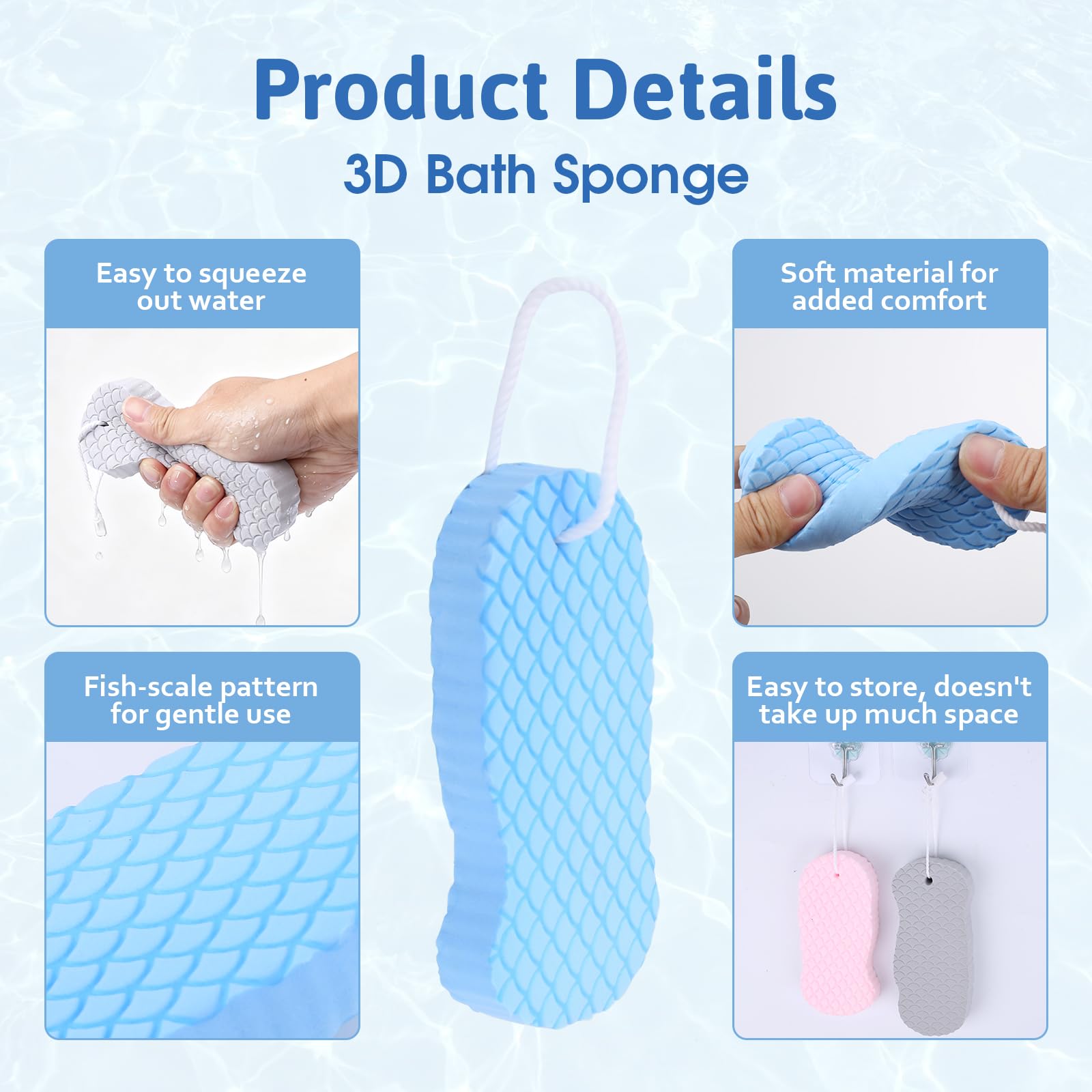 Gąbka do kąpieli peelingująca, 4 sztuki, ultra miękka gąbka do kąpieli, delikatny peeling, z rękawiczkami kąpielowymi i 4 haczykami, peeling wielokrotnego użytku, dla dorosłych, dzieci i kobiet