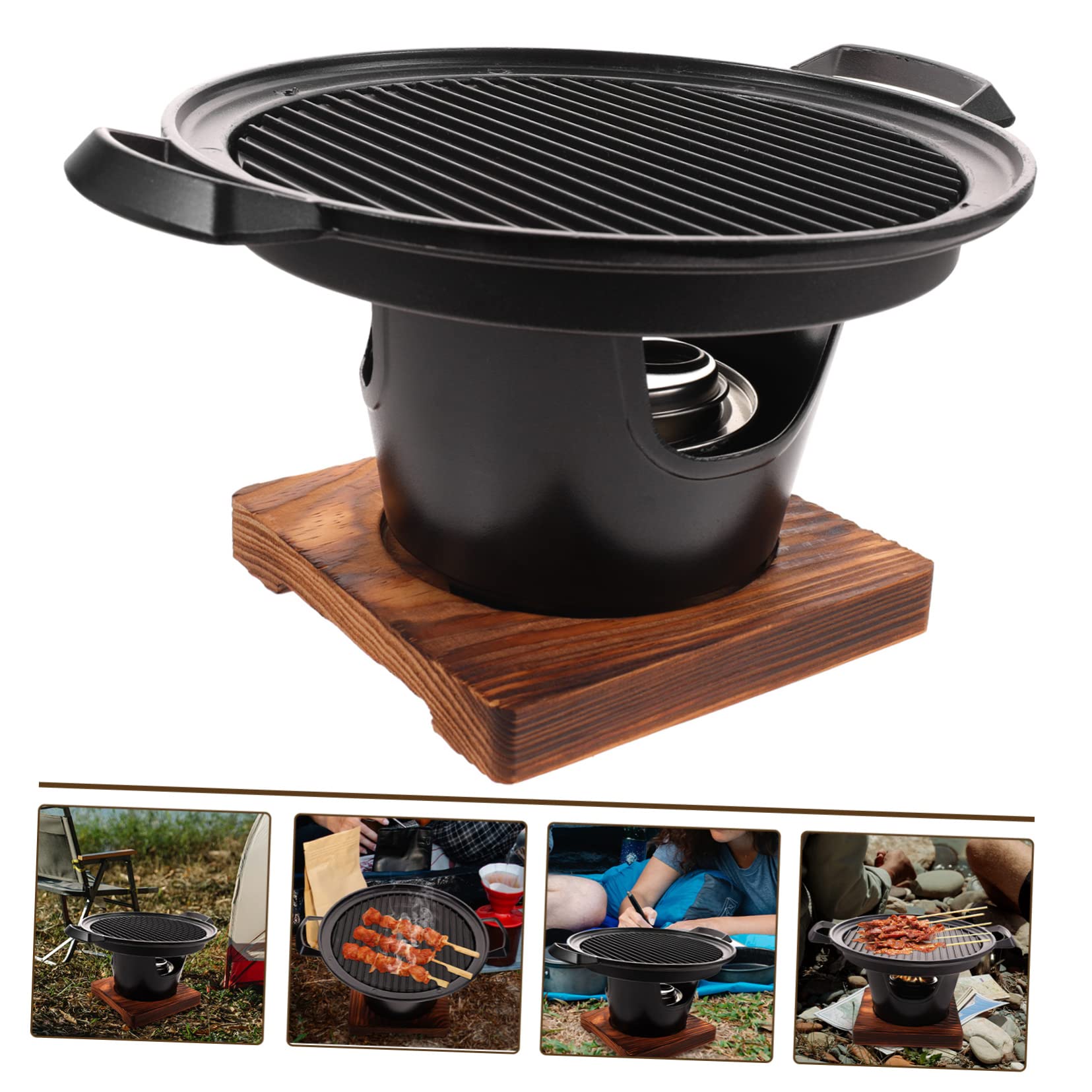 Mini Parrilla de Barbacoa sin Humo, Juego para 2-3 Personas | Aleación de Aluminio y Madera, Color Negro, Uso en Camping y Hogar, para Verduras y Comida