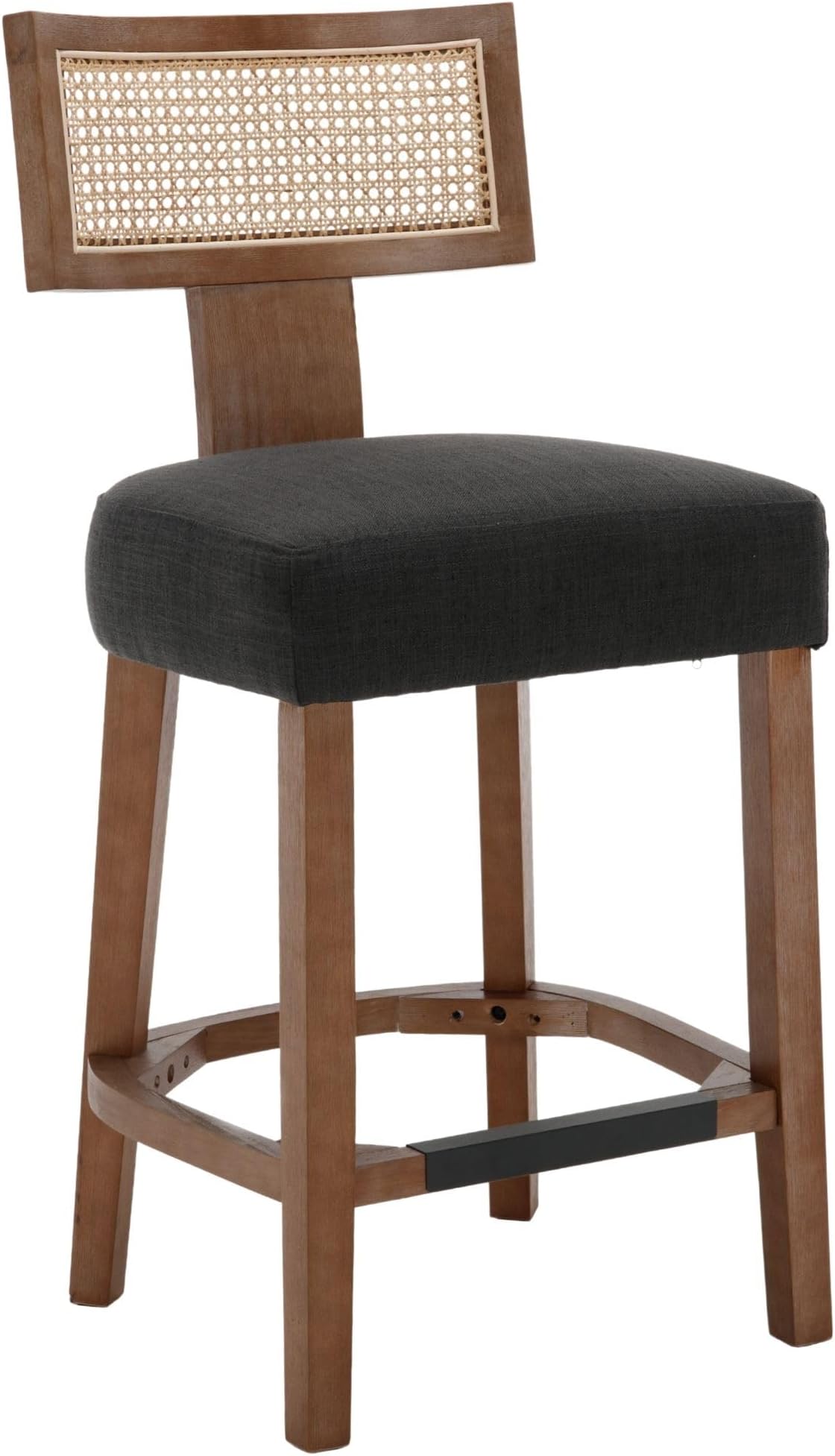 26’’ Rattan Barstools with Back Counter Height Bar Stools Set of 1, Modern Farmhouse Charcoal Linen Upholstered Wicker Counter Stools, Woven Boho Bar Height Stools with Natural Wood Frame