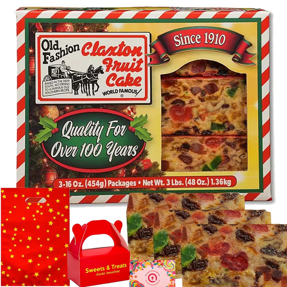 Fruitcake Traditional Old Fashion - Red & White Stripe Gift Boxed Fruit Cake | Christmas Holiday Thanksgiving Dessert - Friend Family Coworker Colleague Care Package | Muchai Box (3-16 Oz Packs)