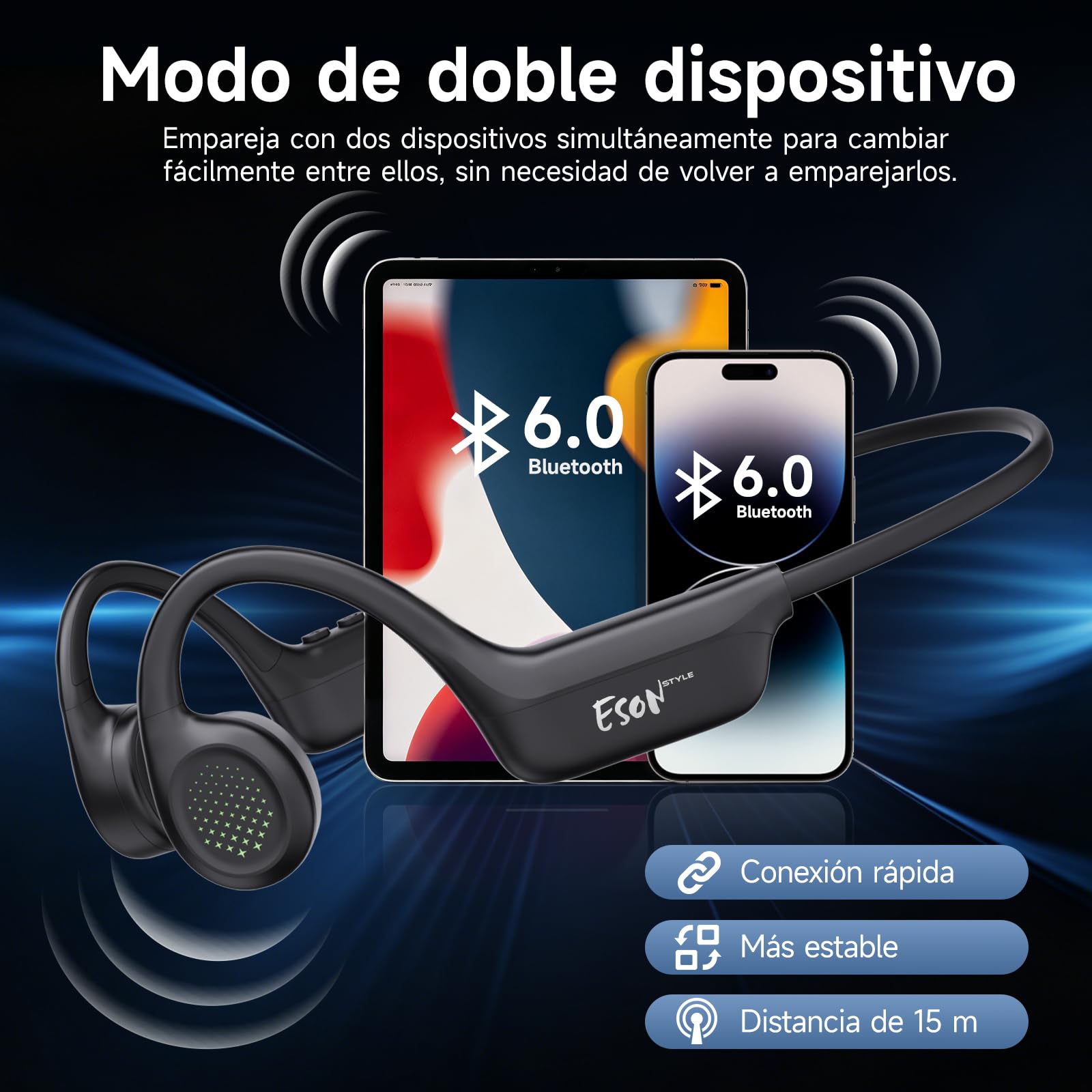 esonstyle Auriculares Conduccion Osea Bluetooth 6.0 – Cascos Conduccion Osea Inalambricos con Micrófono,IPX7 Impermeables Auriculares Deportivos Open Ear para Correr Ciclismo Fitness (Negro)
