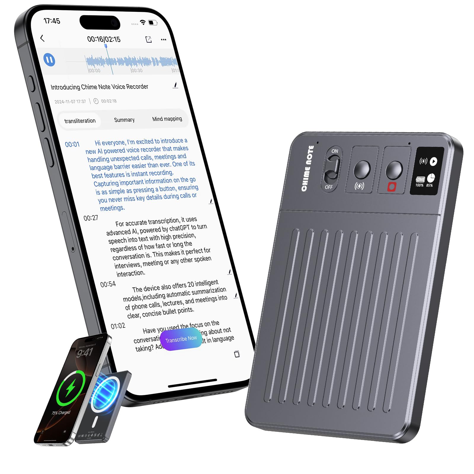 AI Voice Recorder, Voice Recorder with APP Control, No Fee for Transcribe & Summarize Empowered by ChatGPT, Support 107 Languages, 64GB Memory, Audio Recorder for Meetings, Lectures, Calls, Grey