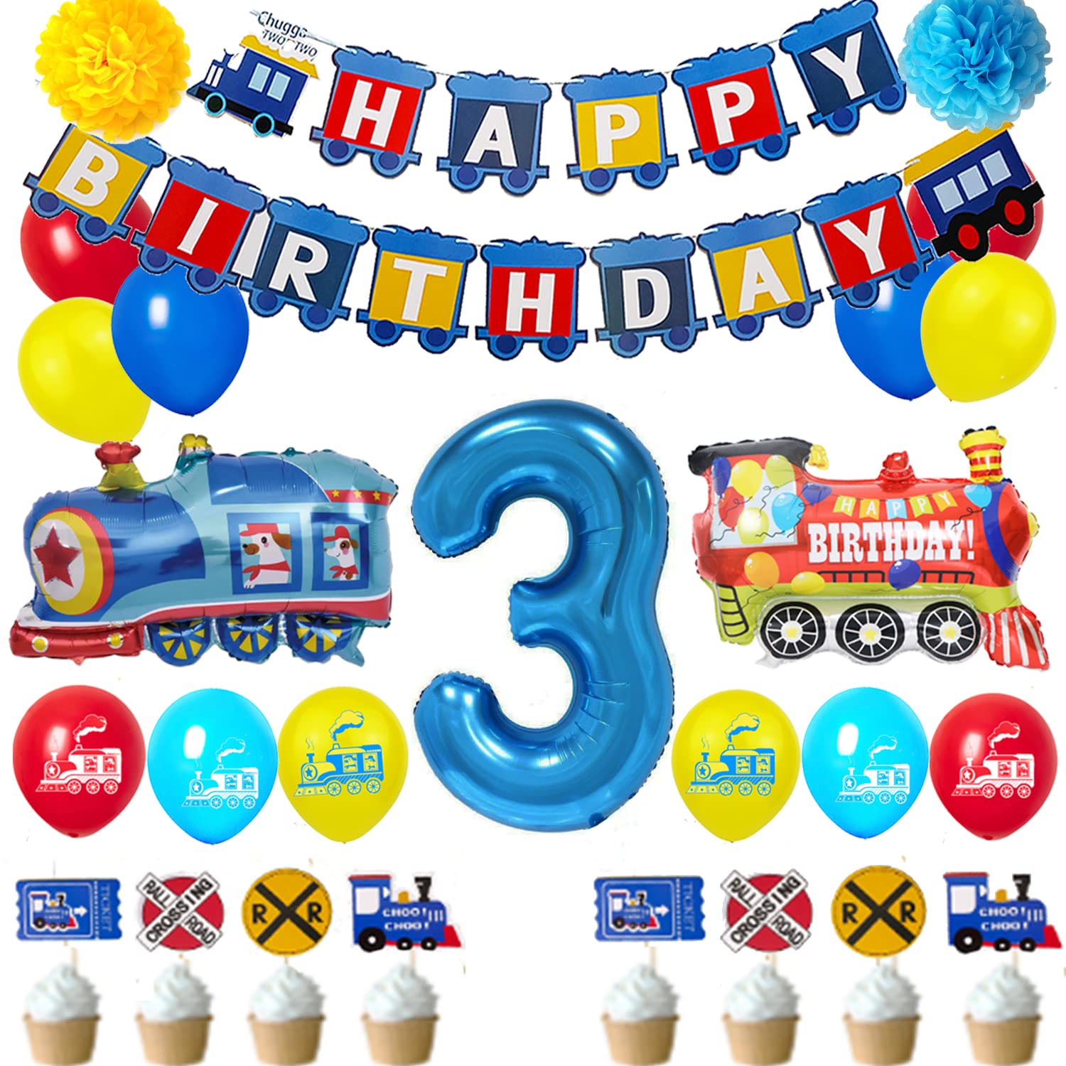 Finypa3rd Birthday Train Decorations, Blue Yellow Red, Thomas the Tank Engine, Birthday Party Supplies with Number 3 Foil Balloons, Train Banner, Latex Balloons, Cupcake Toppers