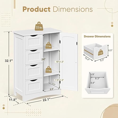 Miniatura 3 de ZENY Armario de almacenamiento de piso de baño, organizador lateral con 4 cajones y 1 armario, estante ajustable independiente unidad de entrada