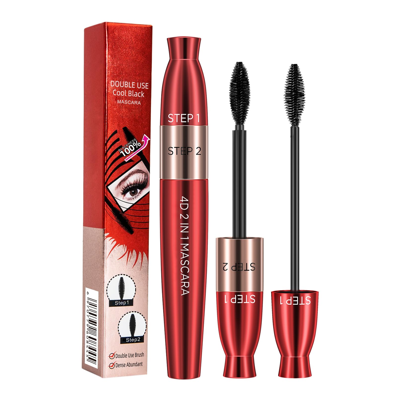 Mascara Volume Waterproof 2 en 1, 4D Máscara de Pestañas Efecto Volumen para Crea Pestañas Atractivas, Impermeable Weightless Length Sin Grumos Sin Manchas