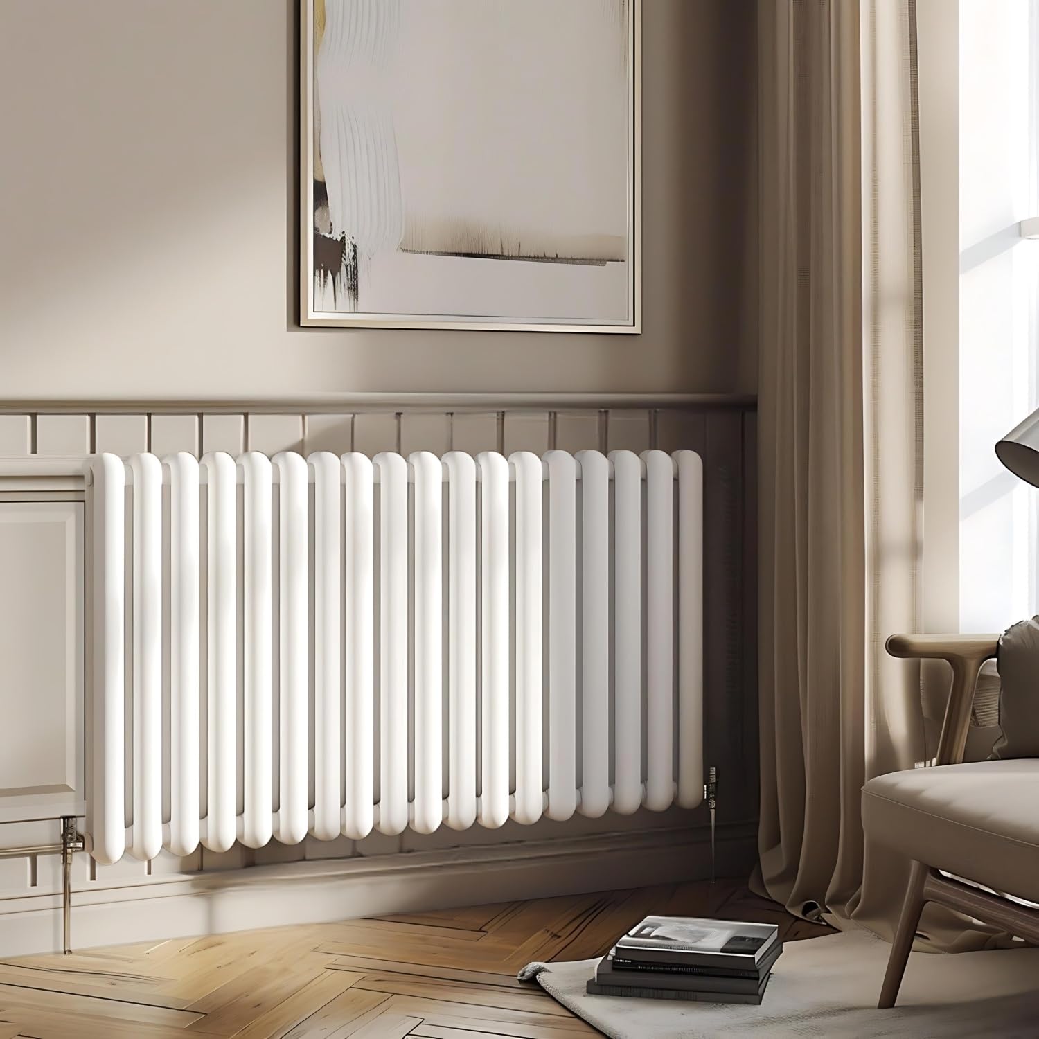 Go Bathrooms White Horizontal Radiator 600 x 1100mm Oval Double Panel Designer Radiator White Double Round Column Modern Living Room Central Heating Rad | Edworth