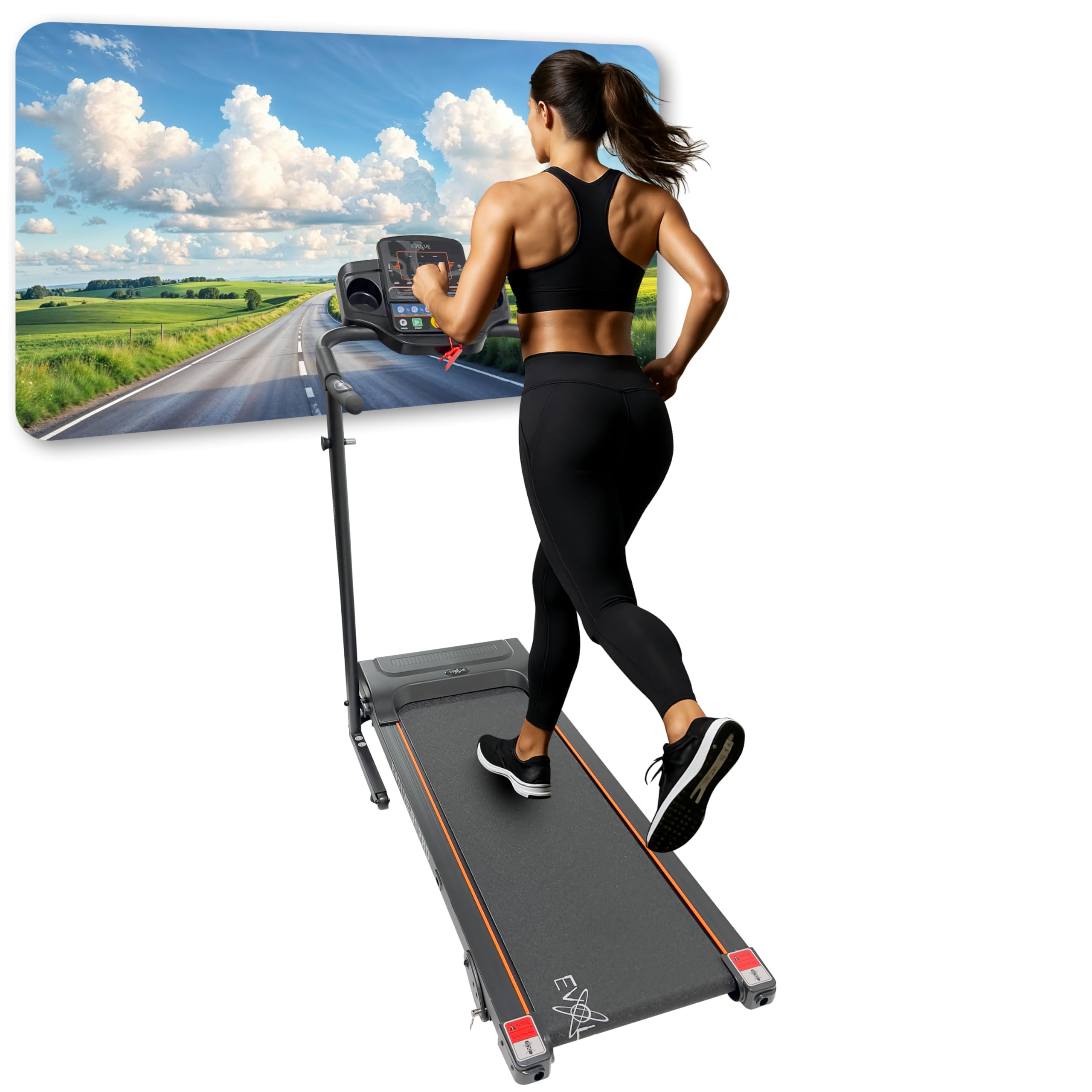 EVOLVE Treadmill for Home - 3 level manual inclination & Foldable running machine with 12 programs - Bluetooth, speaker, USB Port, AUX - Zwift App for smart phone