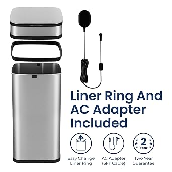 Ninestars 13 Gallon Odor Neutralizing Smart Kitchen Trash Can, Automatic Odor Control Motion Sensor Garbage Bin, Universal Power Adapter, 50 Liter Smart Opening Stainless Steel, Nova Series
