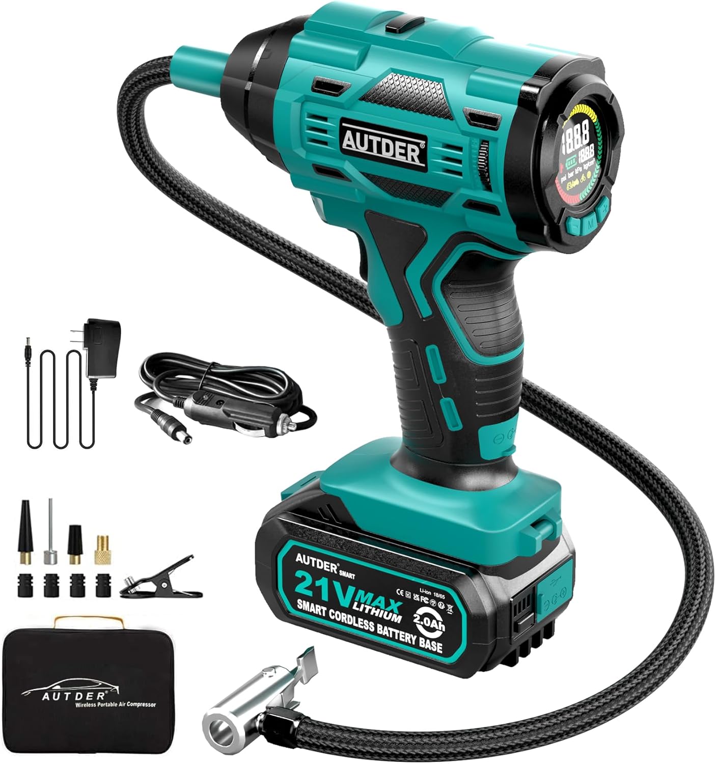AUTDER Cordless Tyre Inflator Air Compressor, 21V Rechargeable Battery