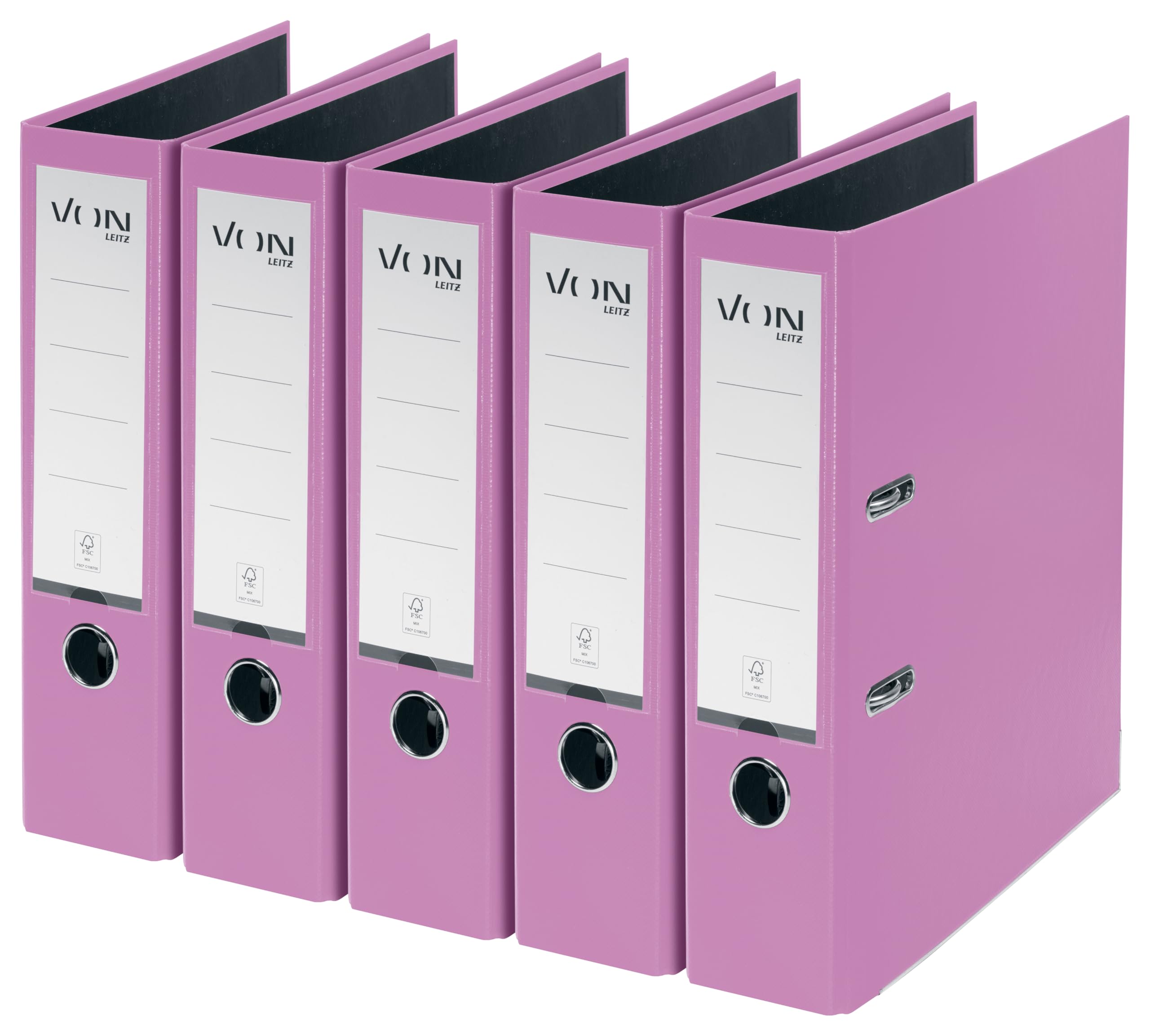 VON Leitz Pack of 5 A4 Folders, Cardboard with Plastic Cover, 80 mm Spine Width, for 600 Sheets, FSC-Certified Cardboard, Lever Arch Folder, for School, Study & Home, Purple, 10551067