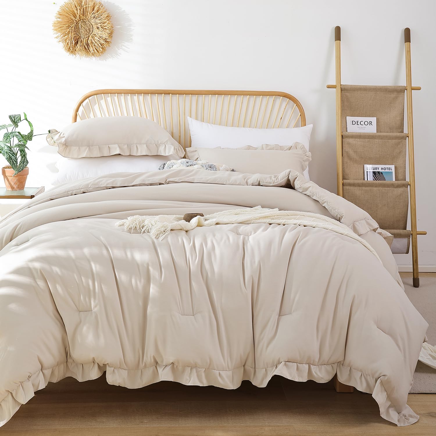 JANZAA Beige Comforter Set California King, Ruffle Soft Bedding