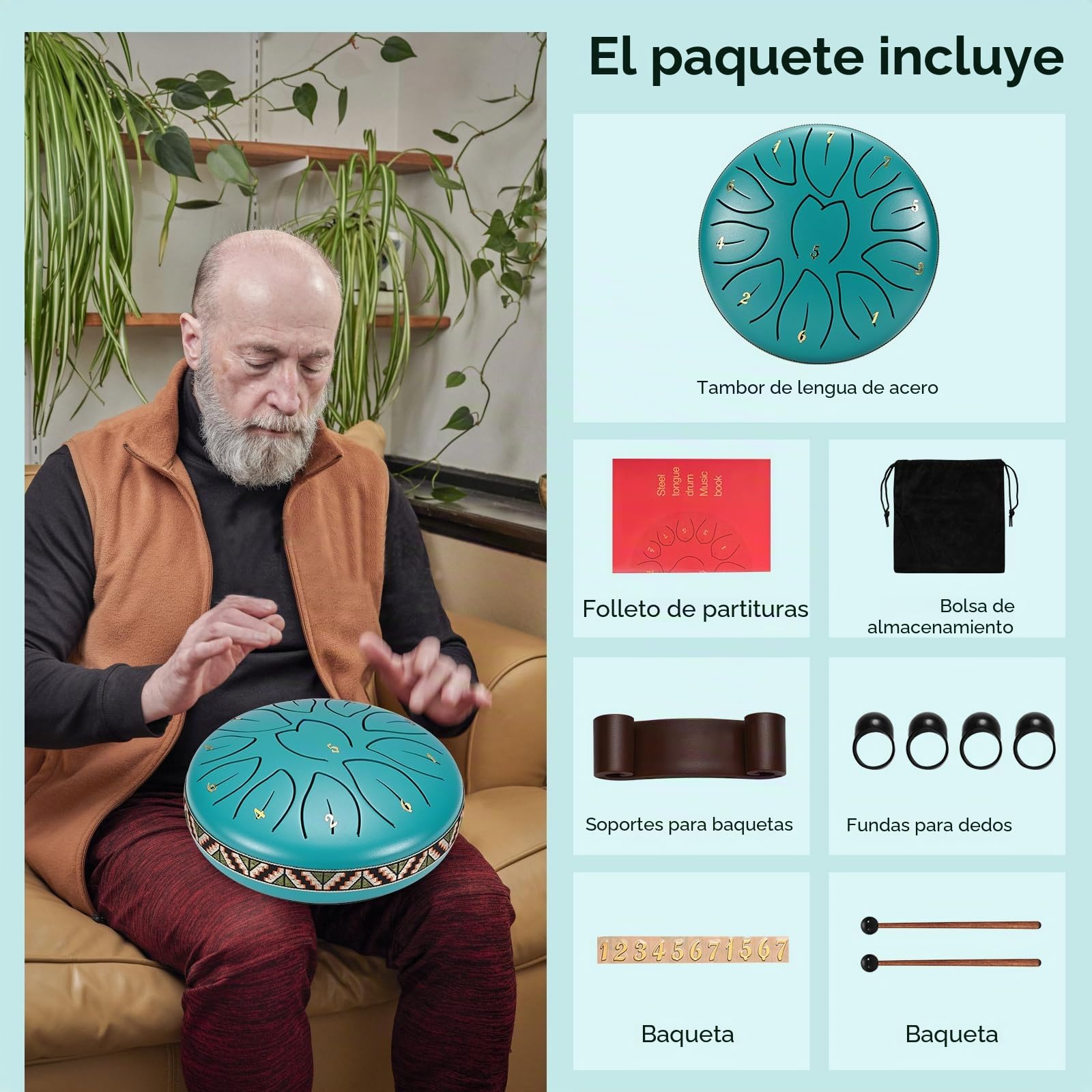 Tambor de lluvia para jardín exterior, 6 pulgadas, 11 notas, instrumento de lengua de acero, con baquetas, soporte para baquetas, meditación, yoga, educación musical, el mejor regalo para