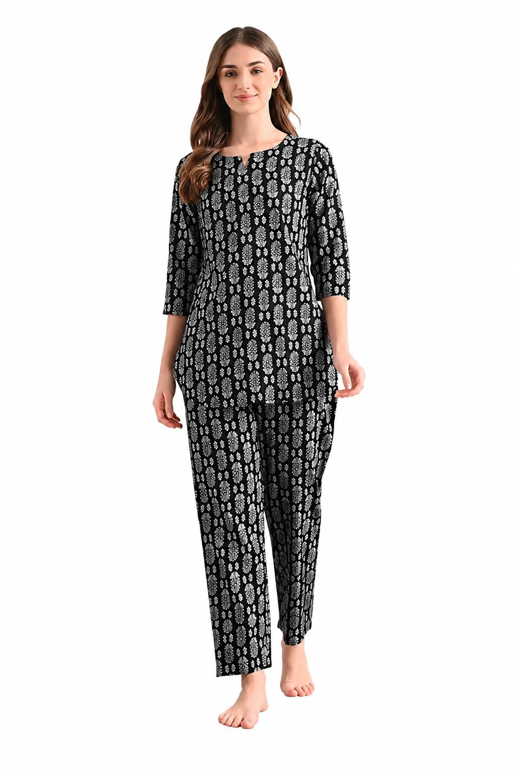 Womens Ethnic Print Cotton Straight Co-ord Set with Pocket | Casual Wear |3/4th Raglan Sleeve | Regular Fit-image-10
