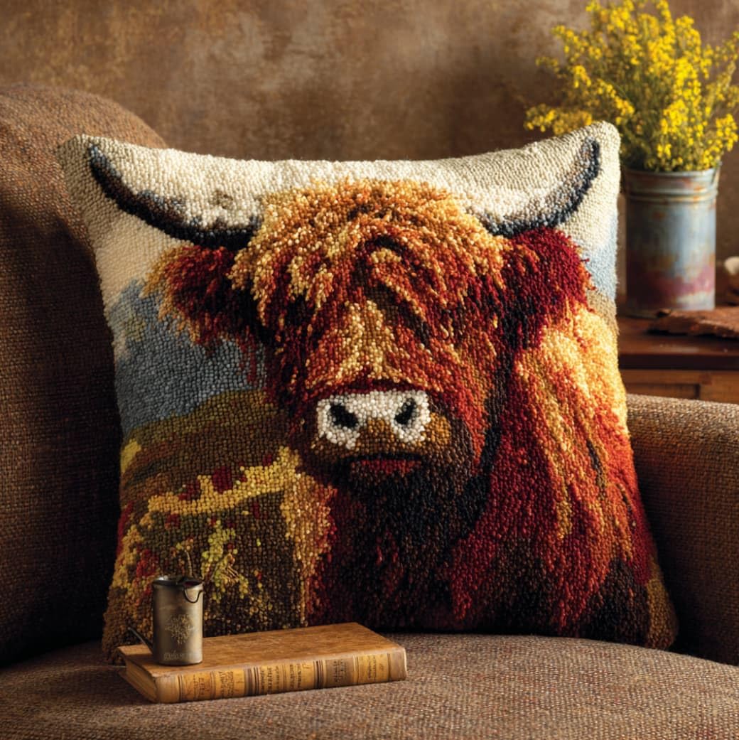 Henypt Latch Hook Kits for Adults,Highland Cattle 43x43cm DIY Rug Making Kit,Crochet Yarn Craft Set for Home Sofa Decor & Handmade Gift