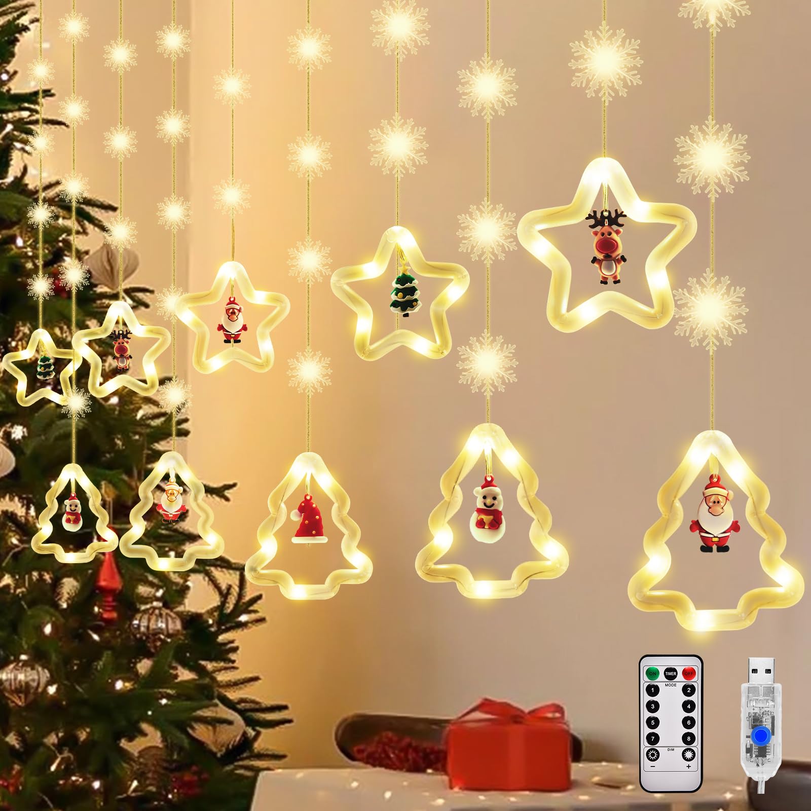 Cortina de Luces de Navidad, 3M, 8 Modos, Cadena de Luces LED con Temporizador, Luz de Cadena Guirnalda para Navidad, Bodas, Xxterior, Interior, Luces LED Lámparas Decorativas