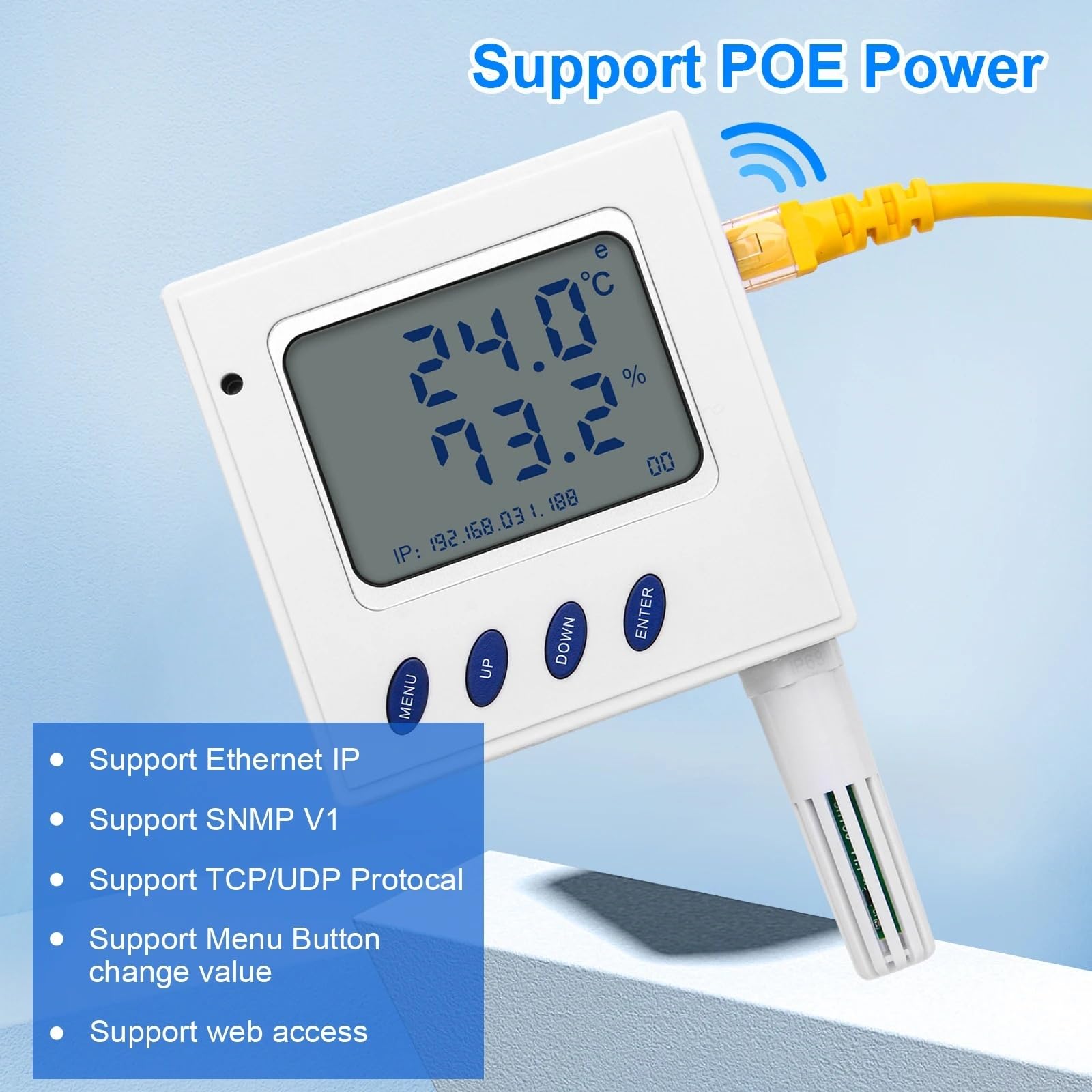 Il trasmettitore Ethernet di temperatura e umidità supporta il protocollo UDP/SNMP e l'alimentazione Poe con sensore Sht30 esterno