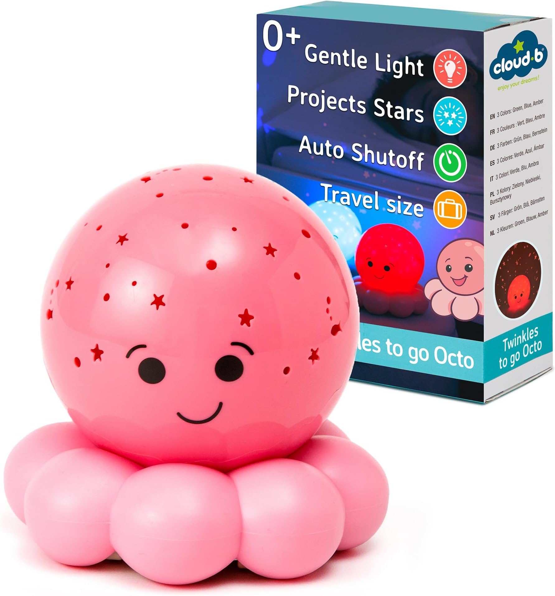 Travel Comforting Nightlight Projector | Gentle Brightness | 3 Colors with Color Rotation Option | Auto-Shutoff | Octo Baby Pink