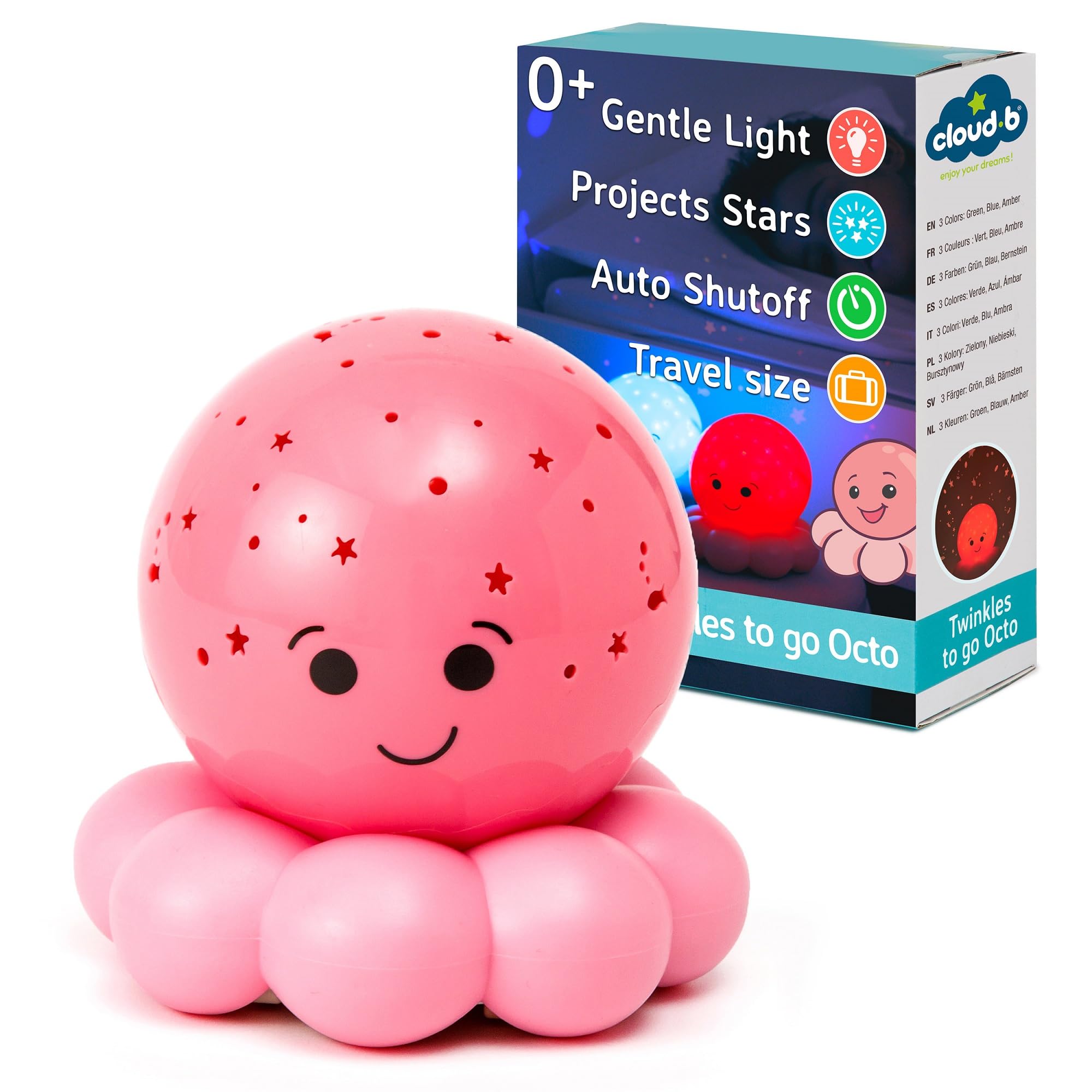 Cloud b Travel Comforting Nightlight Projector | Gentle Brightness | 3 Colors with Color Rotation Option | Auto-Shutoff | Octo Baby Pink