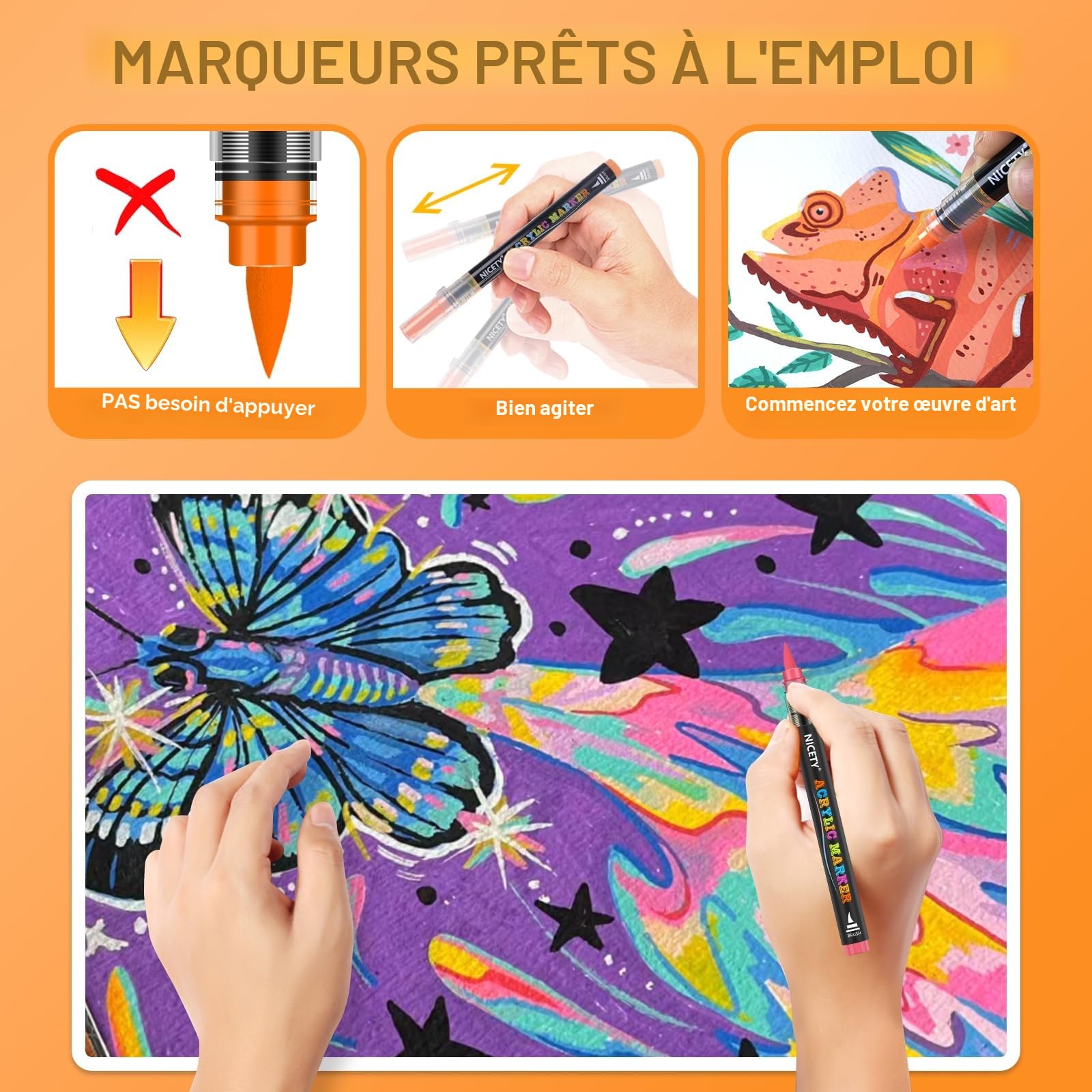 NICETY 180 Couleurs Feutres Acryliques – Marqueurs Pinceaux pour Peinture sur Pierre, Bois, Verre, Céramique – Pointe Pinceau 1-6mm, Marqueurs Acryliques à Base d’Eau pour Adultes