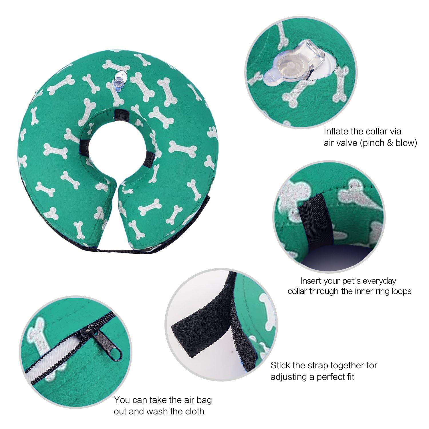 Ducomi Collare Protettivo Gonfiabile Elisabettiano per Cane e Gatto per Recupero Postoperatorio dell'Animale - Libertà nei Movimenti e Vista - Previene l'Infezione da Graffi e Morsi (Bones, S)