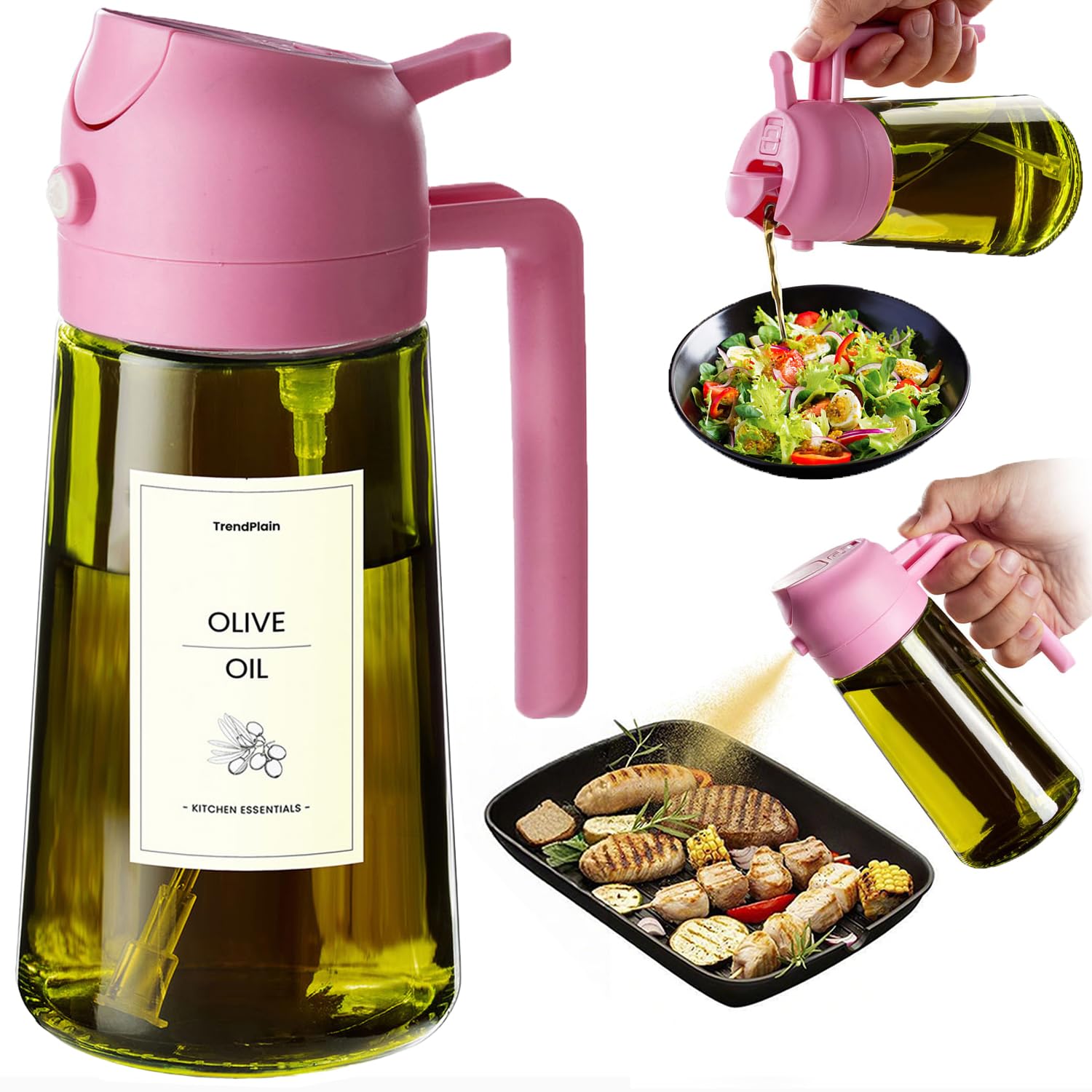 TrendPlain - Original 16oz/470ml Olive Oil Dispenser Bottle for Kitchen Gadgets and Air Fryer Accessories - Olive Oil Sprayer for Cooking w/Stickers - Bubblegum