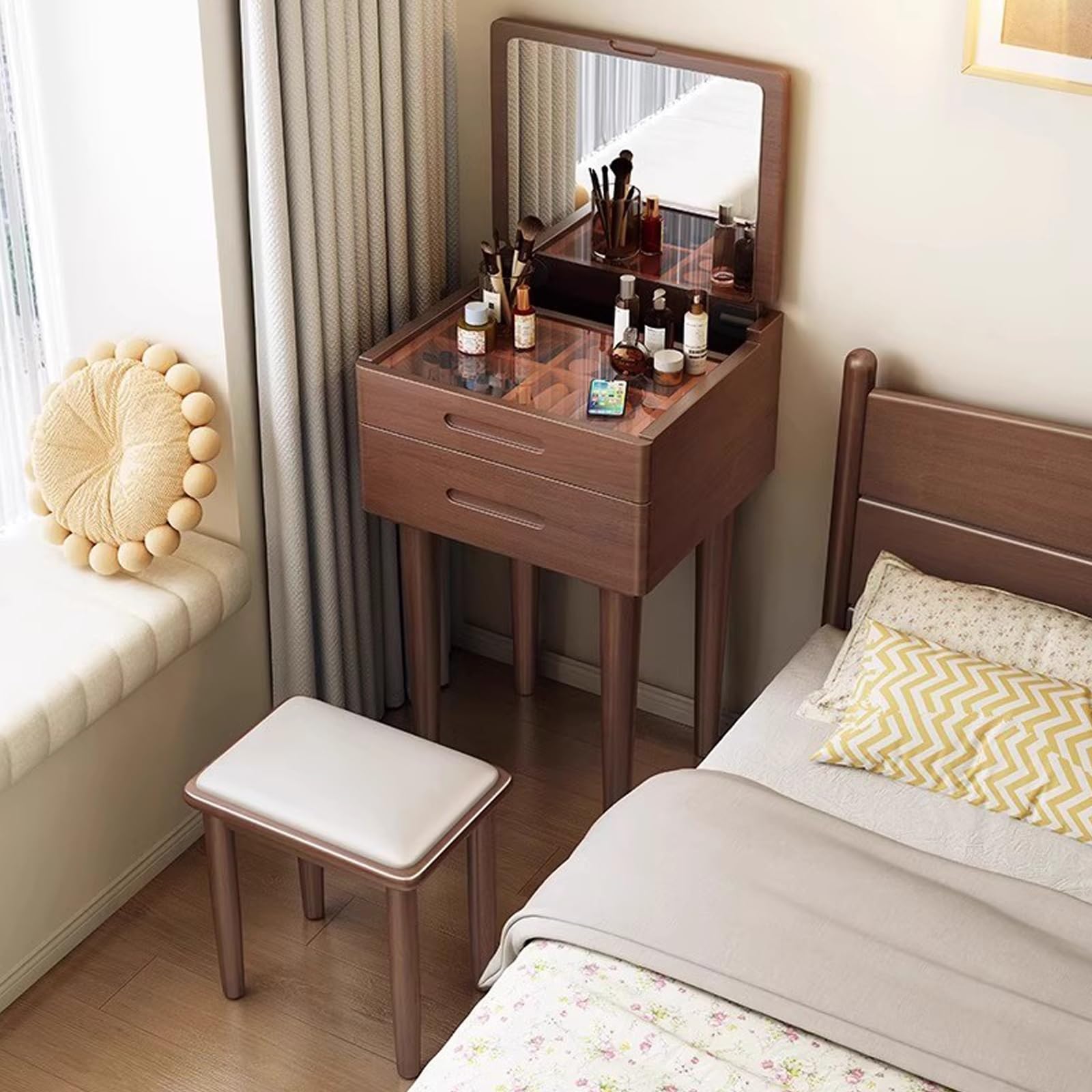 asdchZen Cact Rubber Wood Vanity Desk With Flip Top Mirror & Storage Compact Makeup Table For Bedroom & Living Room Stylish Brown Finish-60Cm/24In