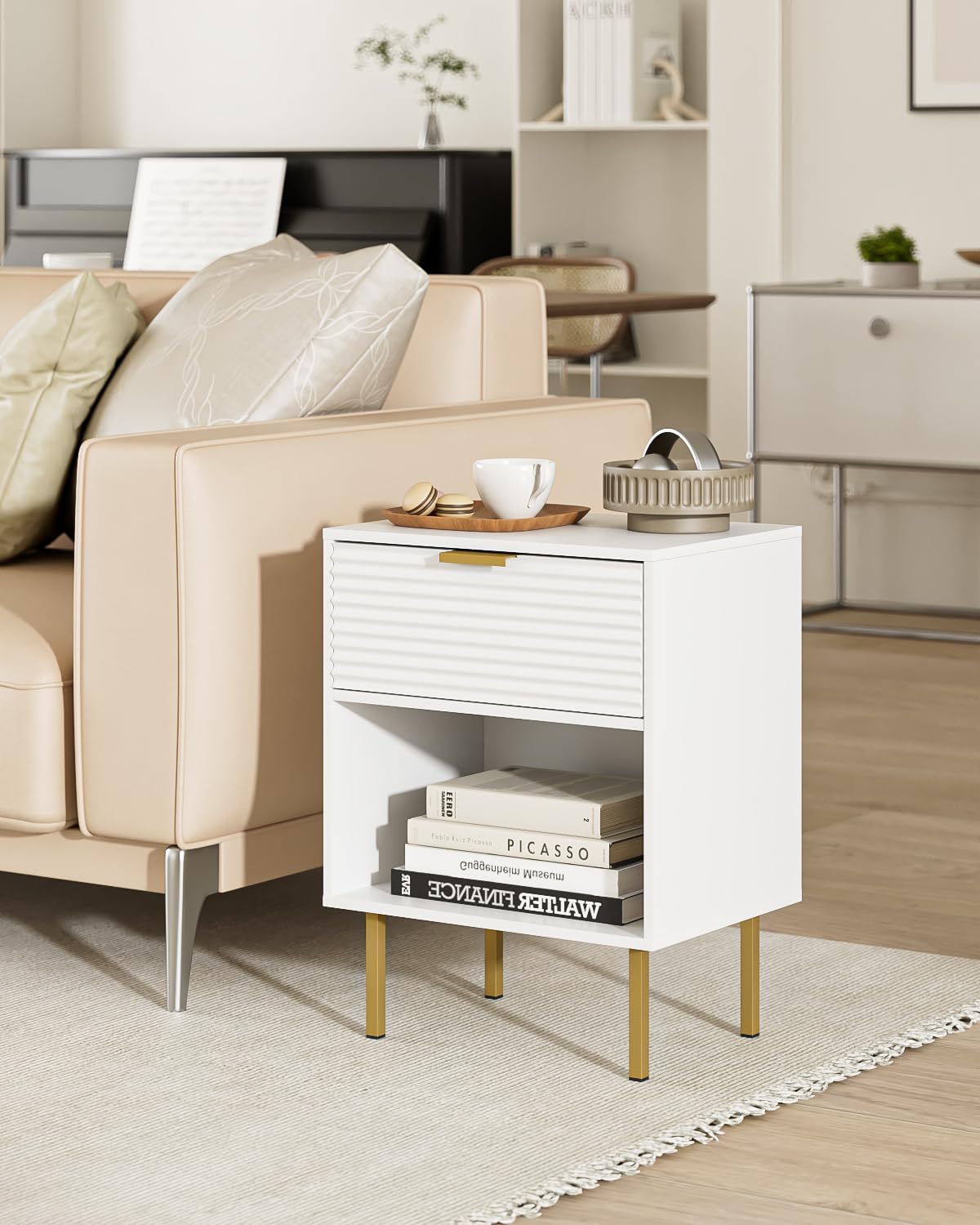 AEPOALUA Nightstand,Small Bedside Table with Gold Frame,White Night Stand,Bedside Furniture,Side Table with Drawer and Shelf for Bedroom,Living Room,Horizontal Stripes