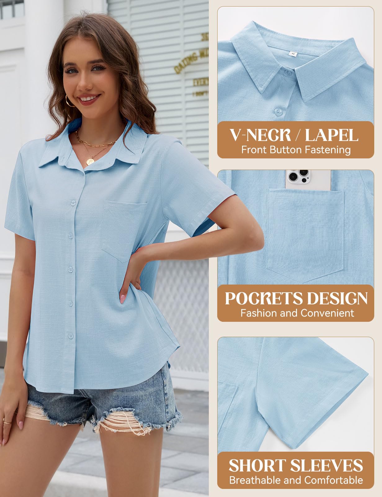 Yuson Girl Chemisier Femme Manche Courte Blouse Été en Lin Coton Chemise Col en V Boutonnée Hauts Couleur Unie Élégantes Chemiser Tops Décontracté Ample Tunique T-Shirt