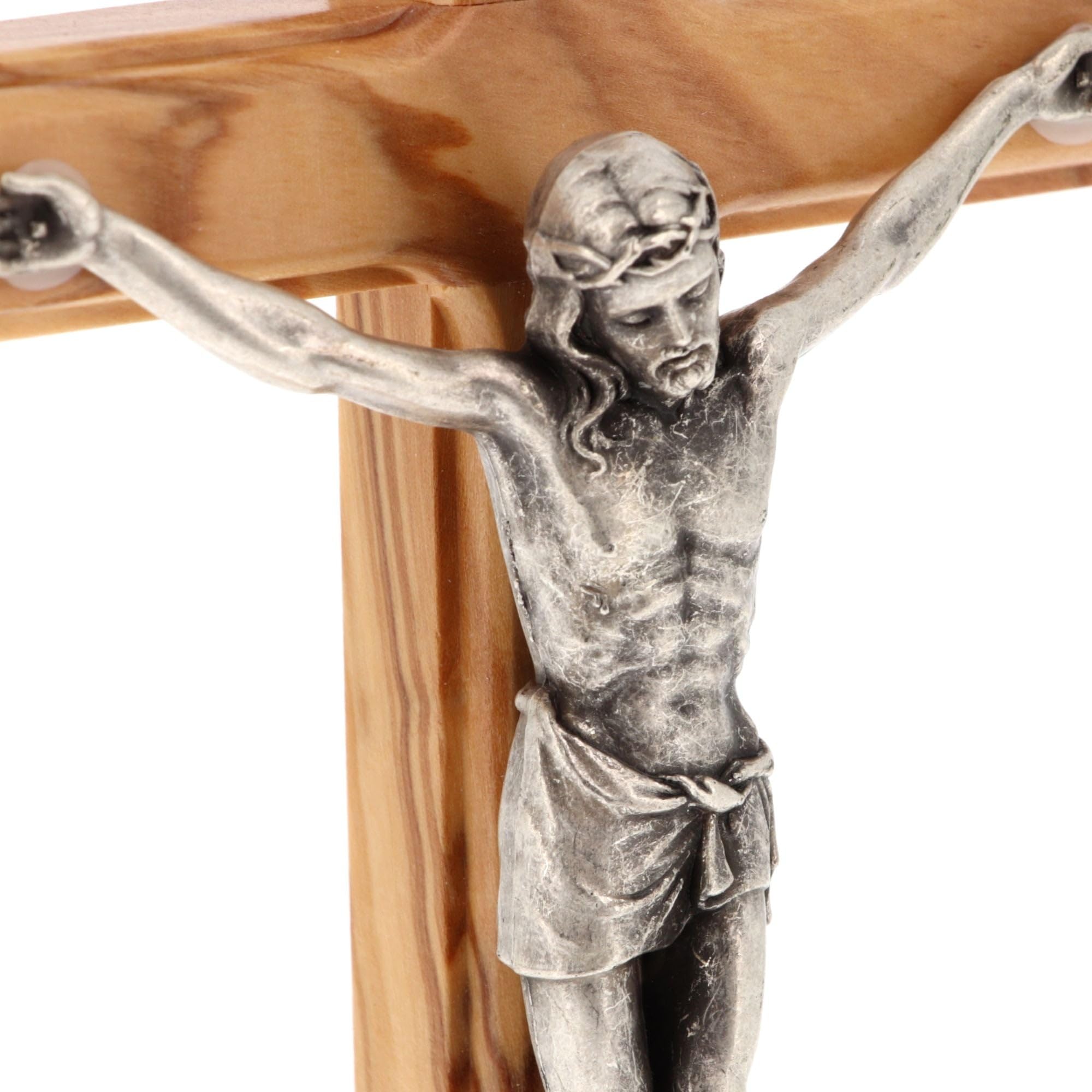 SHALOM - Crocifisso in Legno D'ulivo E Corpo in Metallo con Base. Altezza 23 Cm