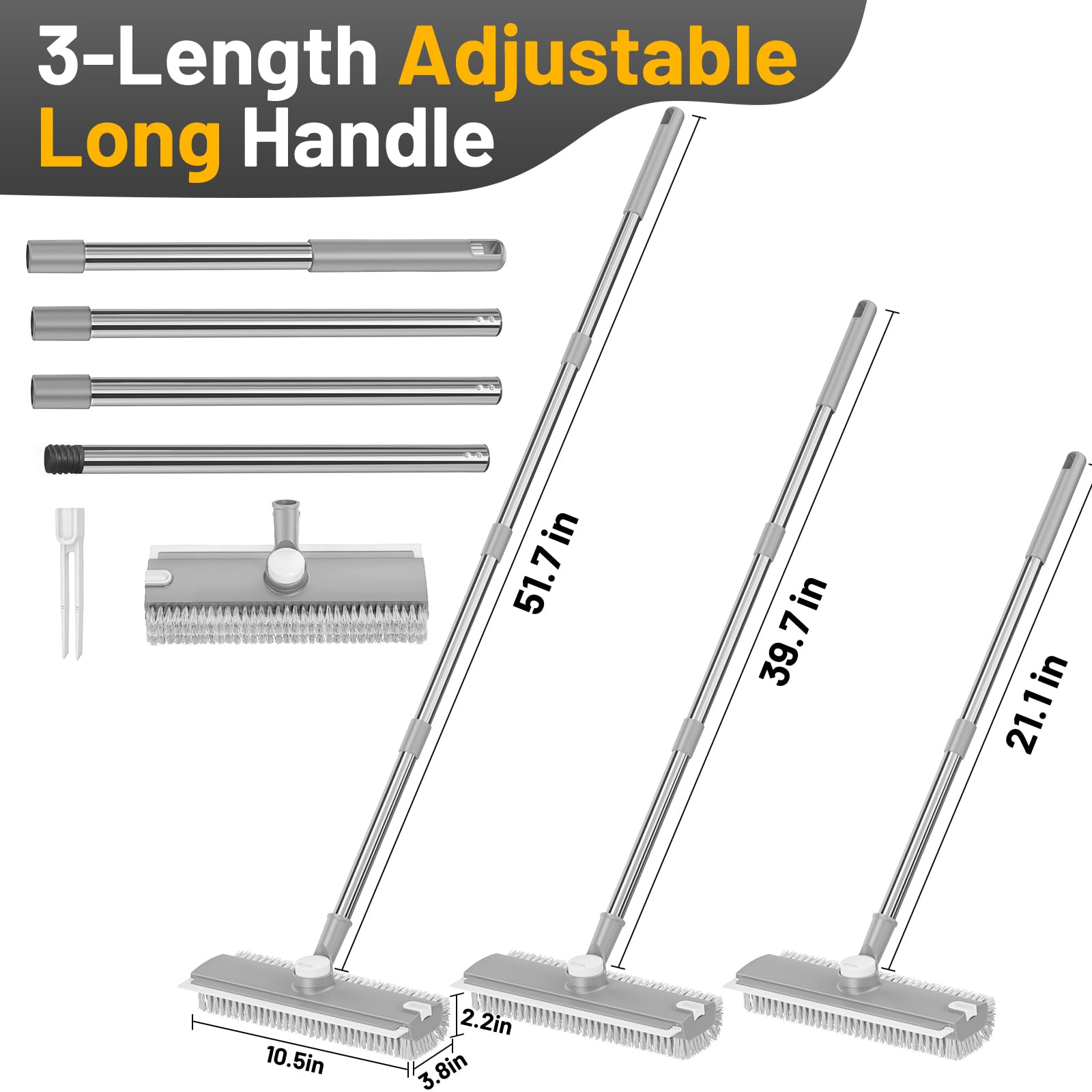 Cepillo de limpieza de suelo con mango largo: 3 en 1, cepillo de limpieza de suelos resistente con escobilla para limpiar azulejos, baño, terraza, cocina, patio, color gris
