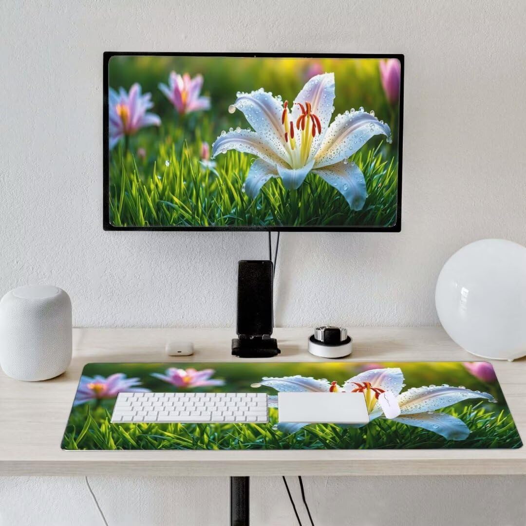 Alfombrilla de ratón 1400x600x3 MM, Alfombrilla Ratón XXL Extendida de Gran Tamaño con Bordes Cosidos, Base de Goma Antideslizante Almohadilla para Teclado, Plantar Lirios S-12545