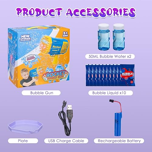 Miniatura 5 de Bubble Gun TESSGO 69 Holes Bazooka Bubble Gun Bubble Machine with Colorful Light Extra 10 Bubble Solution Sturdy Material Automatic Bubble Maker for