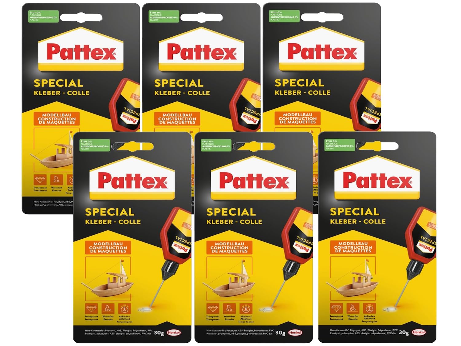 Pattex Specjalny klej modelarski, do tworzywa sztucznego, o wysokiej przyczepności i suszeniu bez pozostawiania śladów, tubka 6 x 30 g