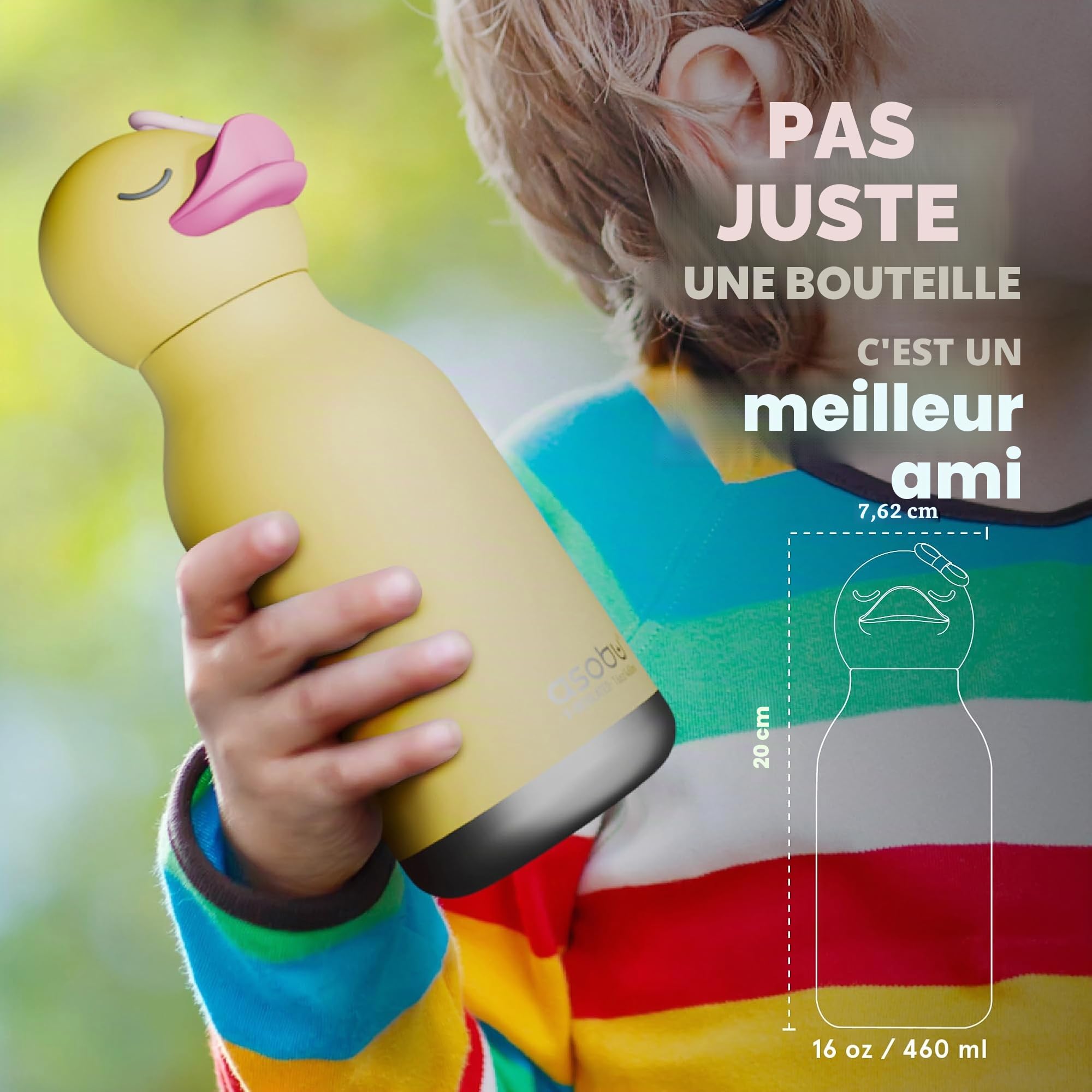 asobu Bouteille Bestie isotherme en acier inoxydable avec tête d'animal souple détachable, amusante pour boire pour enfants et adolescents avec paille flexible réutilisable 473 ml (canard)