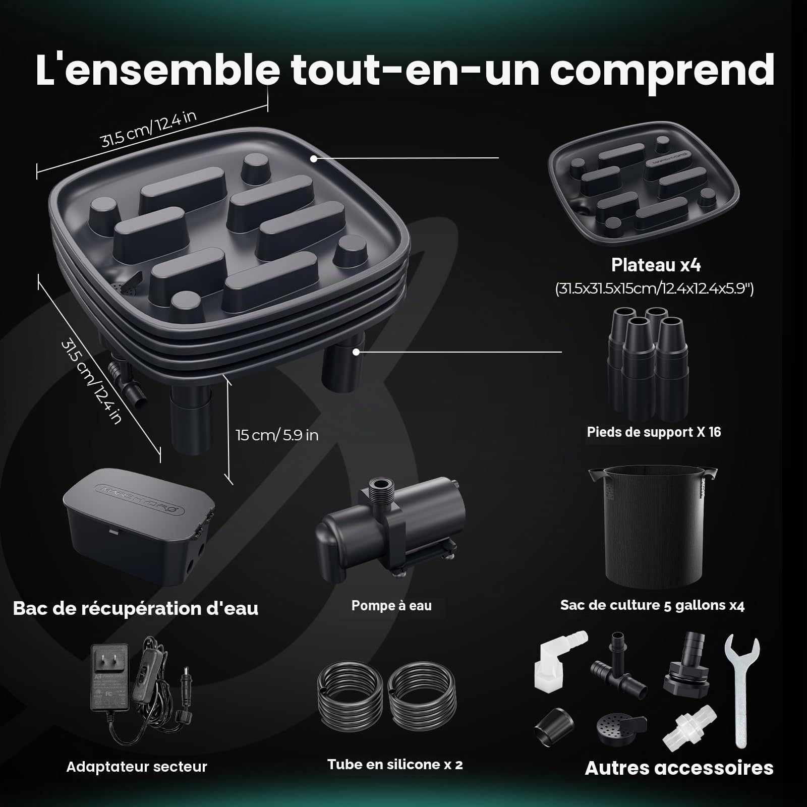 MARS HYDRO Système de drainage automatique - 4 bols + 1 pompe + 4 sacs de plantation (18,9 l) - Pour plantes en pot